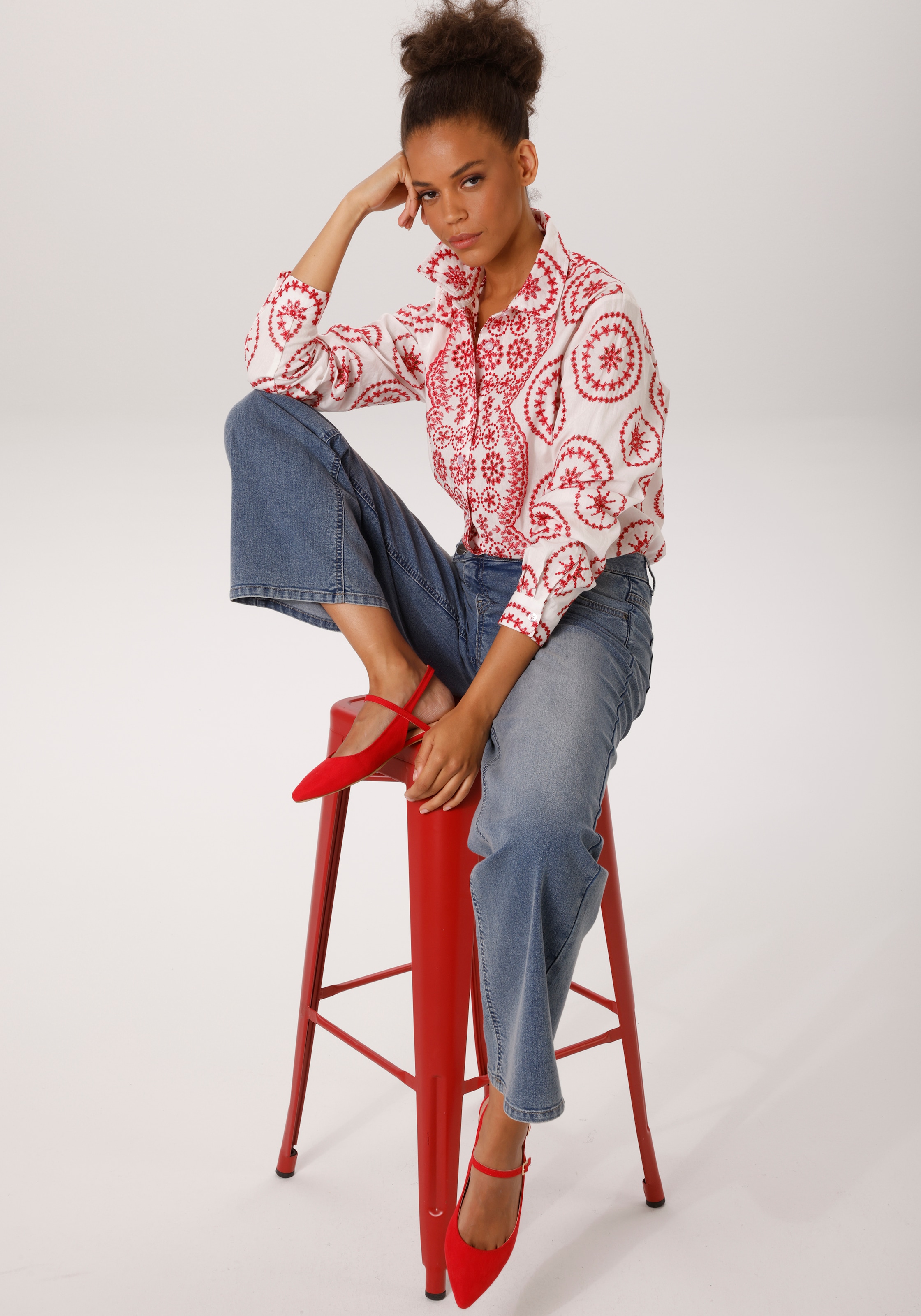 Aniston CASUAL Hemdbluse mit Lochmuster und Stickereien aufwändig verziert - NEUE KOLLEKTION