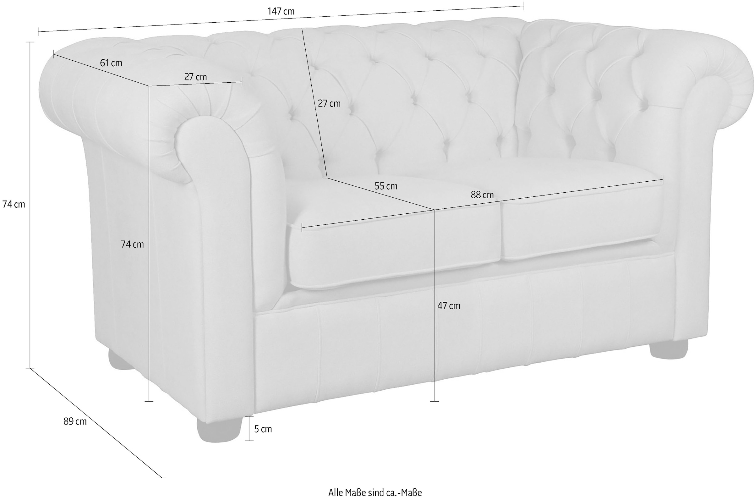 Home affaire 2-Sitzer »CHARENTE, Chesterfield-Sofa, Wellenfederung, Maße: B/T/H: 147/89/74 cm«, mit edler Knopfheftung und typischen Armlehnen
