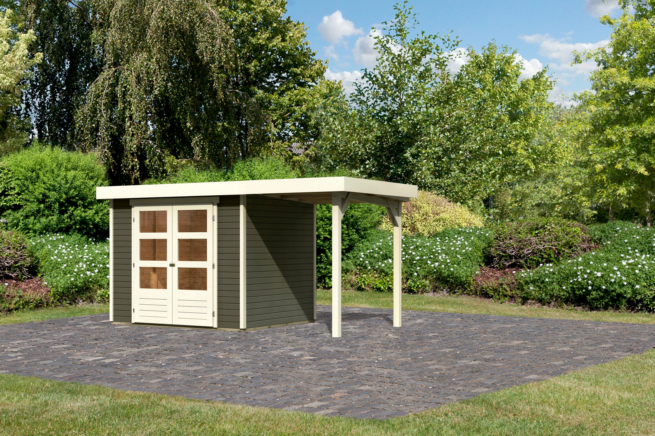 Karibu Gartenhaus »"Asendorf 3" SET terragrau mit Anbaudach 1,5 m Breite«, aus hochwertiger nordischer Fichte