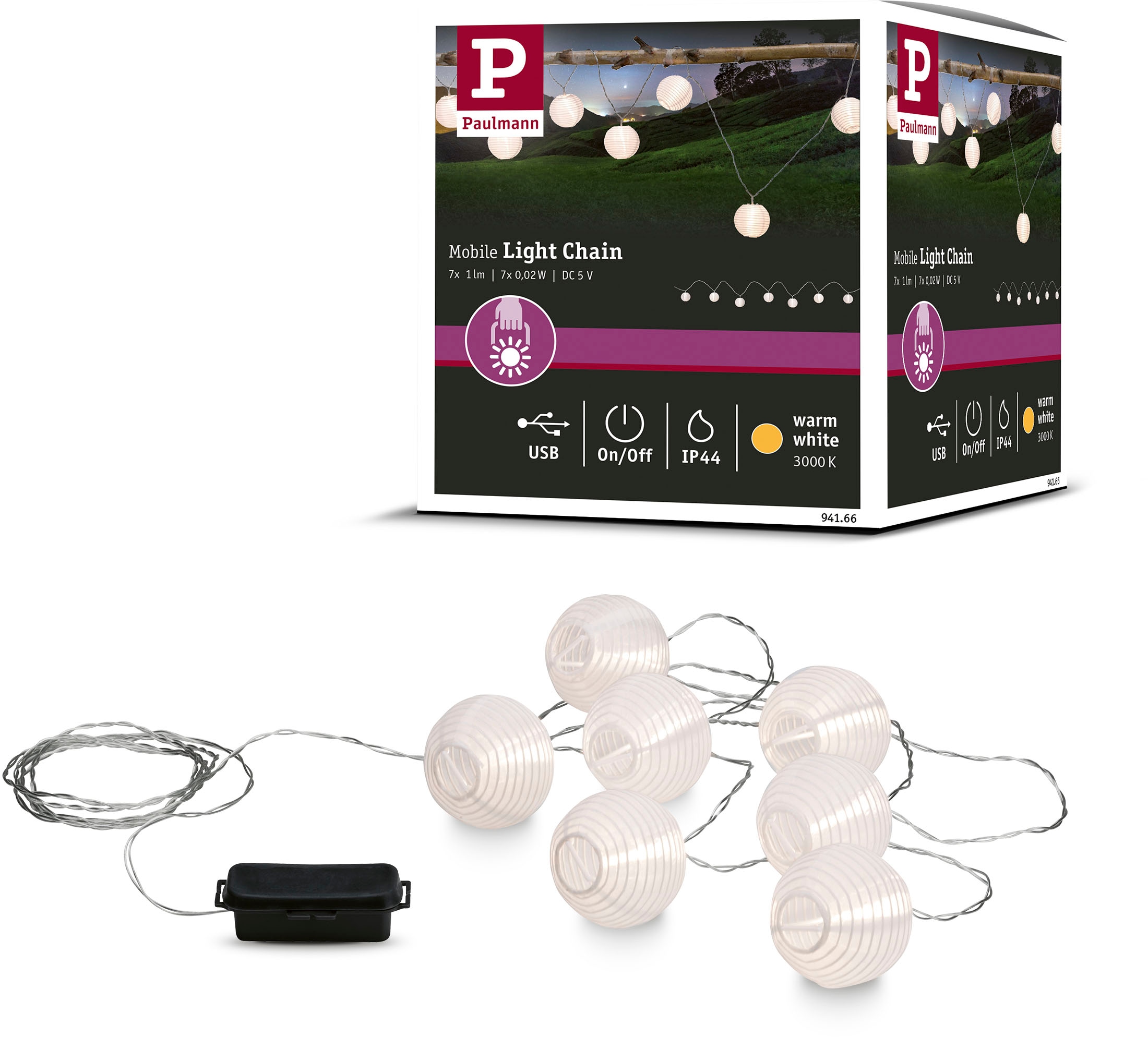 Paulmann Lichterkette »Outdoor Mobile Lampionkette IP44 3000K 7x1lm 5V ladbar mit USB«, Outdoor Mobile Lampionkette IP44 3000K 7x1lm 5V ladbar mit USB