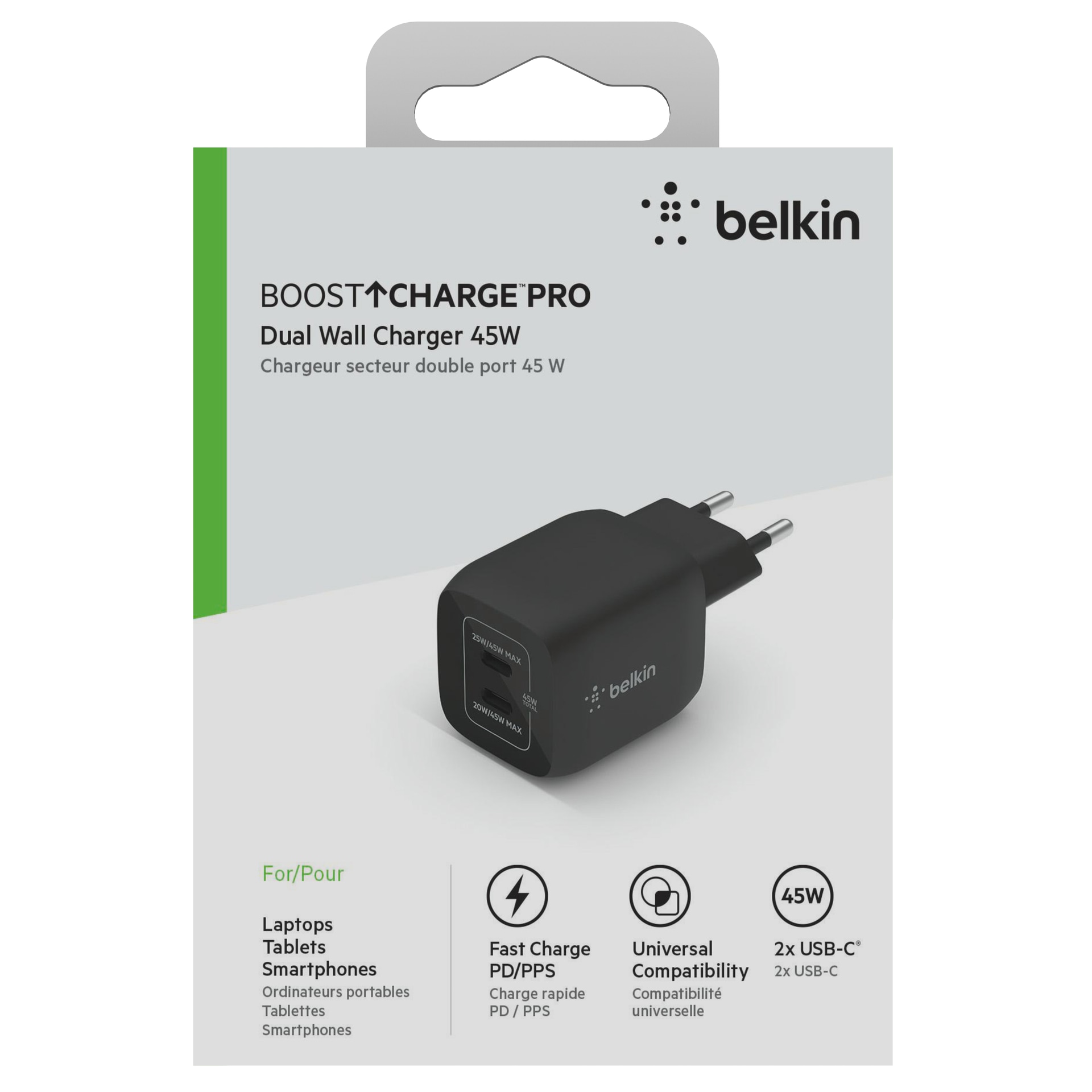 Belkin USB-Ladegerät »BoostCharge Pro 45 Watt Dual USB-C GaN Charger«, Ladegerät mit 2x USB-C Anschlüssen (Laptops, Tablets, Smartphones)