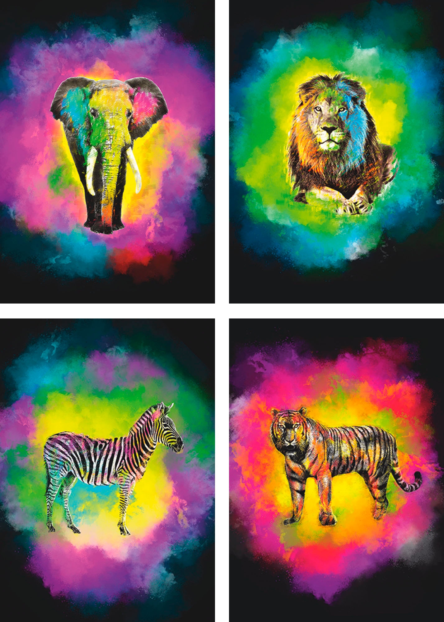 Artland Poster »Farbexplosion Elefant Löwe Poster, Tiger«, Wildtiere, St.), bestellen Wandposter Bild, Wandbild, Zebra bequem (4