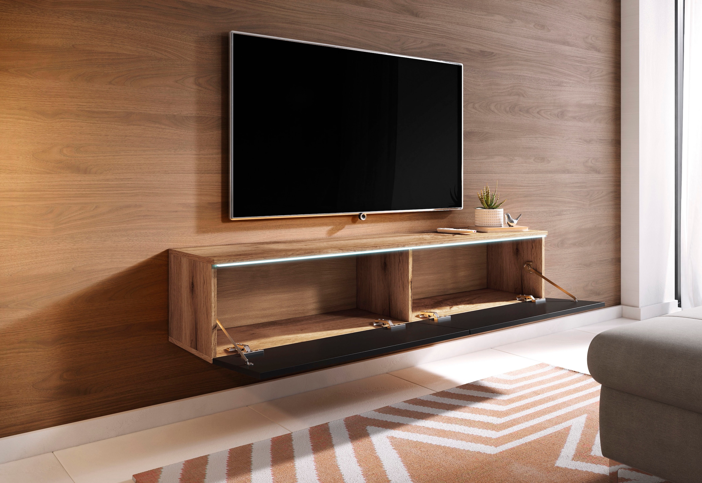 INOSIGN Lowboard »LOWBOARD D, wahlweise mit oder ohne Beleuchtung«, modernes TV-Board ohne Griffe, mit viel Stauraum,stehend und hängend