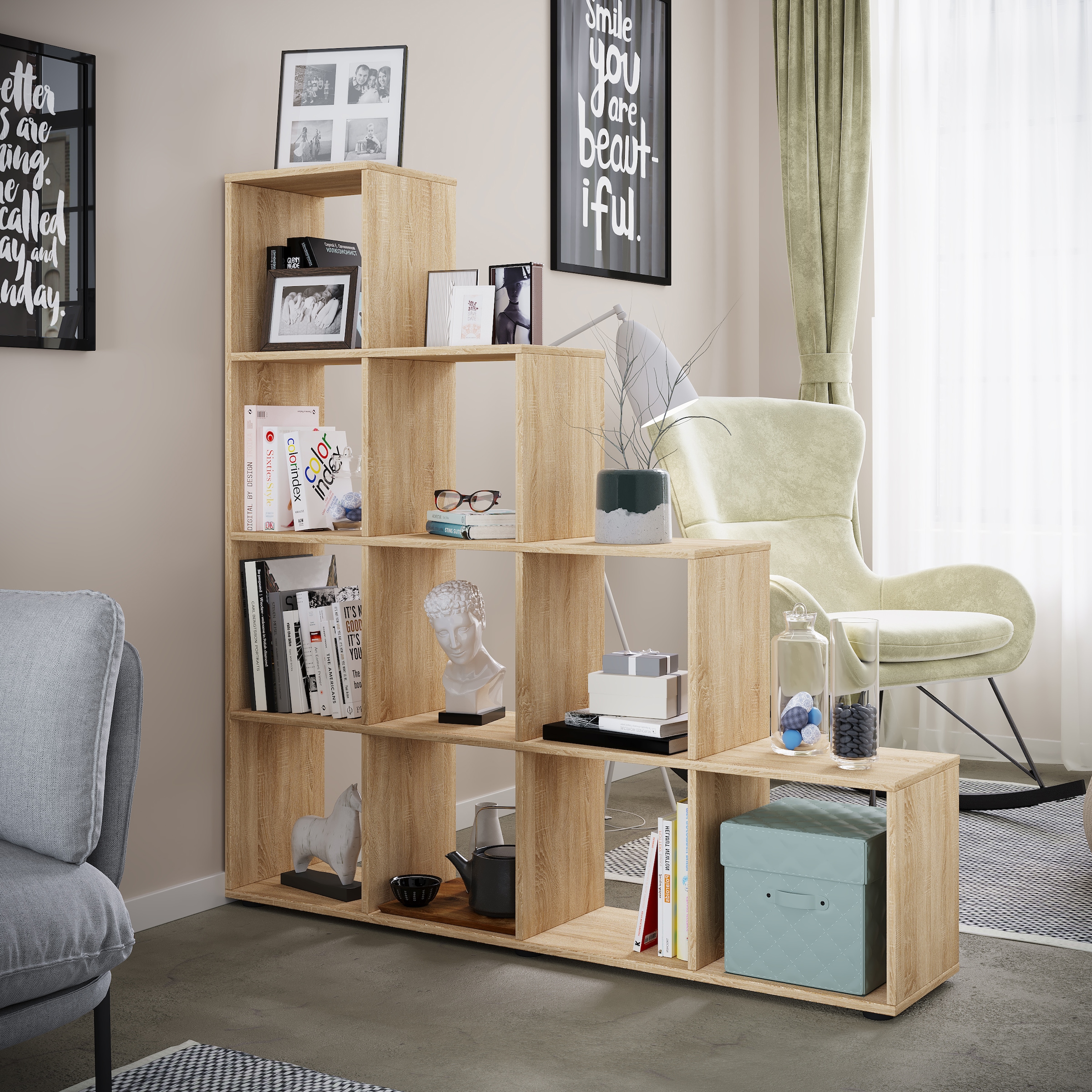 VCM Standregal »VCM Holzregal stehend | platzsparendes Regal | Maße: H. 139 x B. 143 x T. 29 cm | Elegantes Regal stehend | Aufbewahrungsregal | Bücherregal | Treppenregal - Napoli«