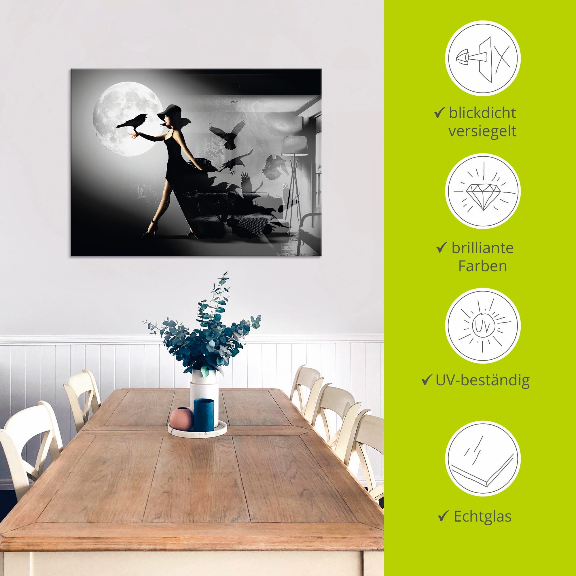 Artland Glasbild »Die Frau mit den Raben« Animal Fantasy 1 Stk. tlg. in verschiedenen Größen