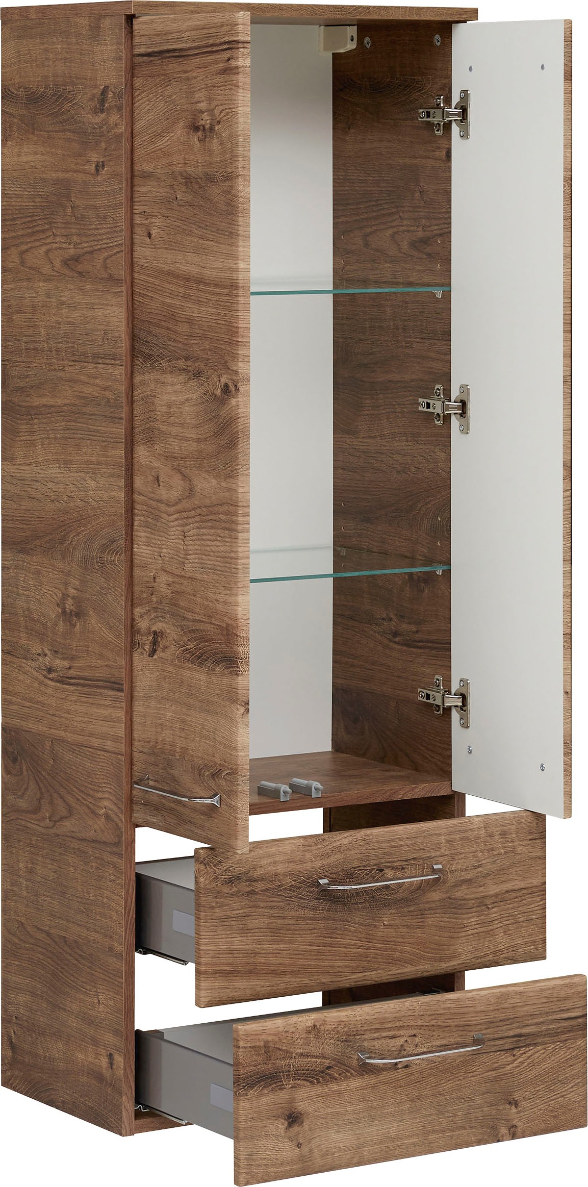 Saphir Midischrank »Quickset Badschrank 50 cm breit, 2 Türen, 2 Schubladen, 2 Einlegeböden« Badezimmer-Midischrank inkl. Türdämpfer, Griffe in Chrom glänzend