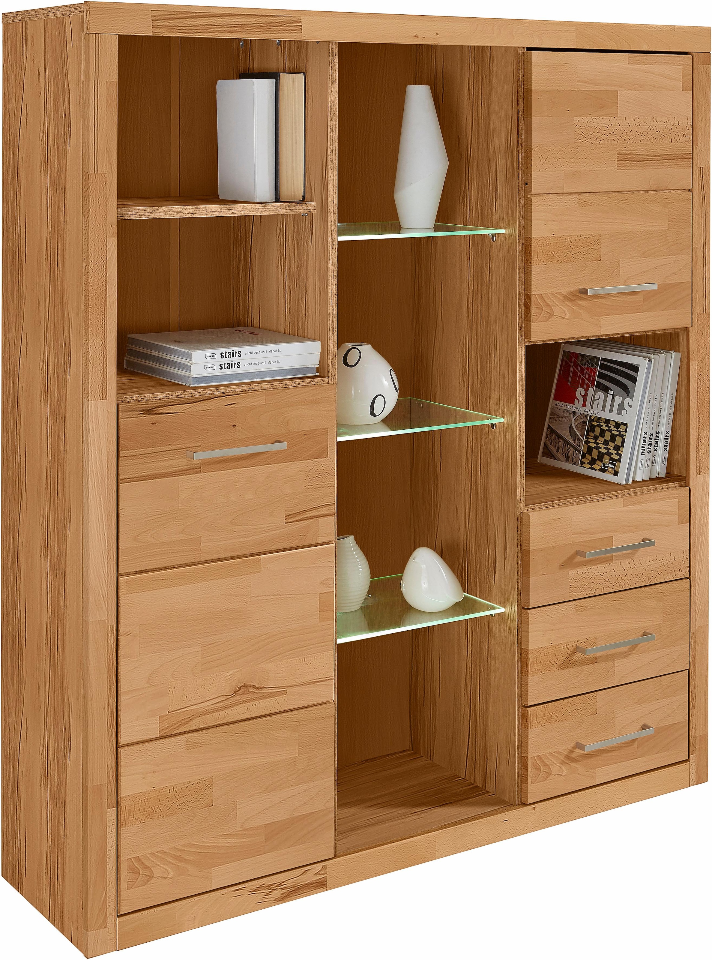 Home affaire Highboard »Ribe,130cm breit145cm hoch,Fronten Massivholz,12 Fächer«, Korpus aus Holzwerkstoff, Metall Griffe,Böden versetzbar