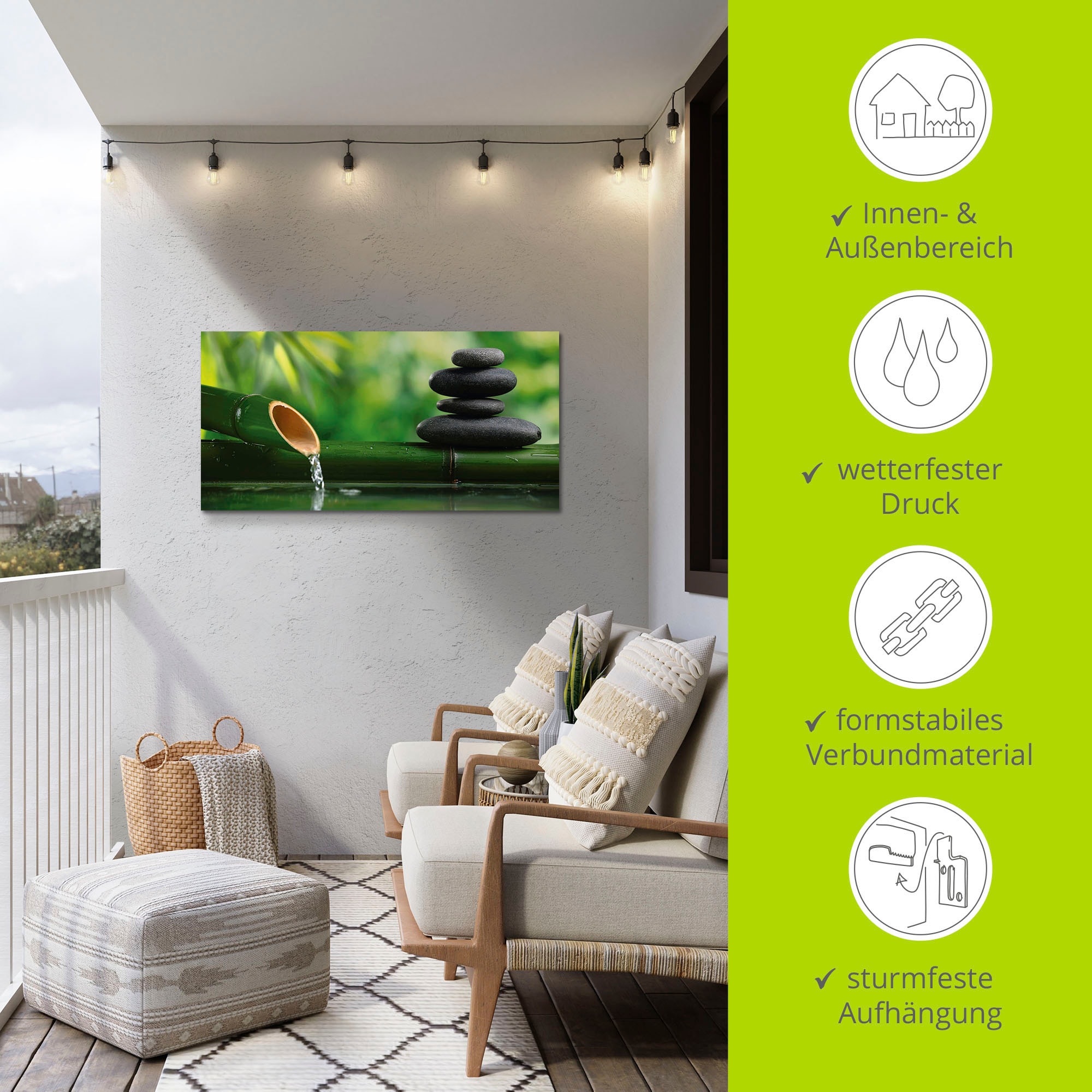 Artland Wandbild »Bambusbrunnen und Zen-Stein«, Zen, (1 St.), als Alubild, Outdoorbild, Leinwandbild, Poster, Wandaufkleber