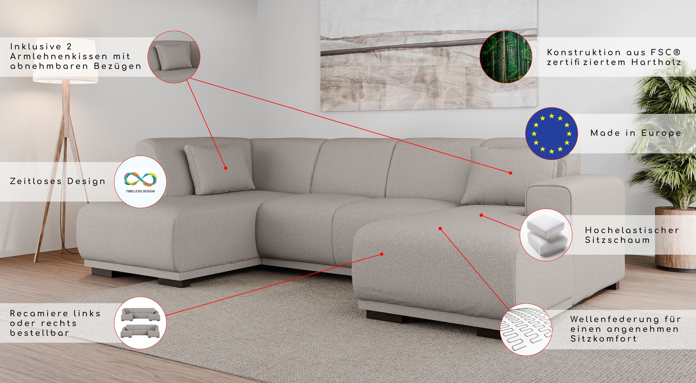 Home affaire Wohnlandschaft »BORNHOLM U-Form mit Recamiere rechts/links, B/T/H: 300/162/85 cm« U-Form mit Wellenunterfederung, Recamiere rechts oder links bestellbar