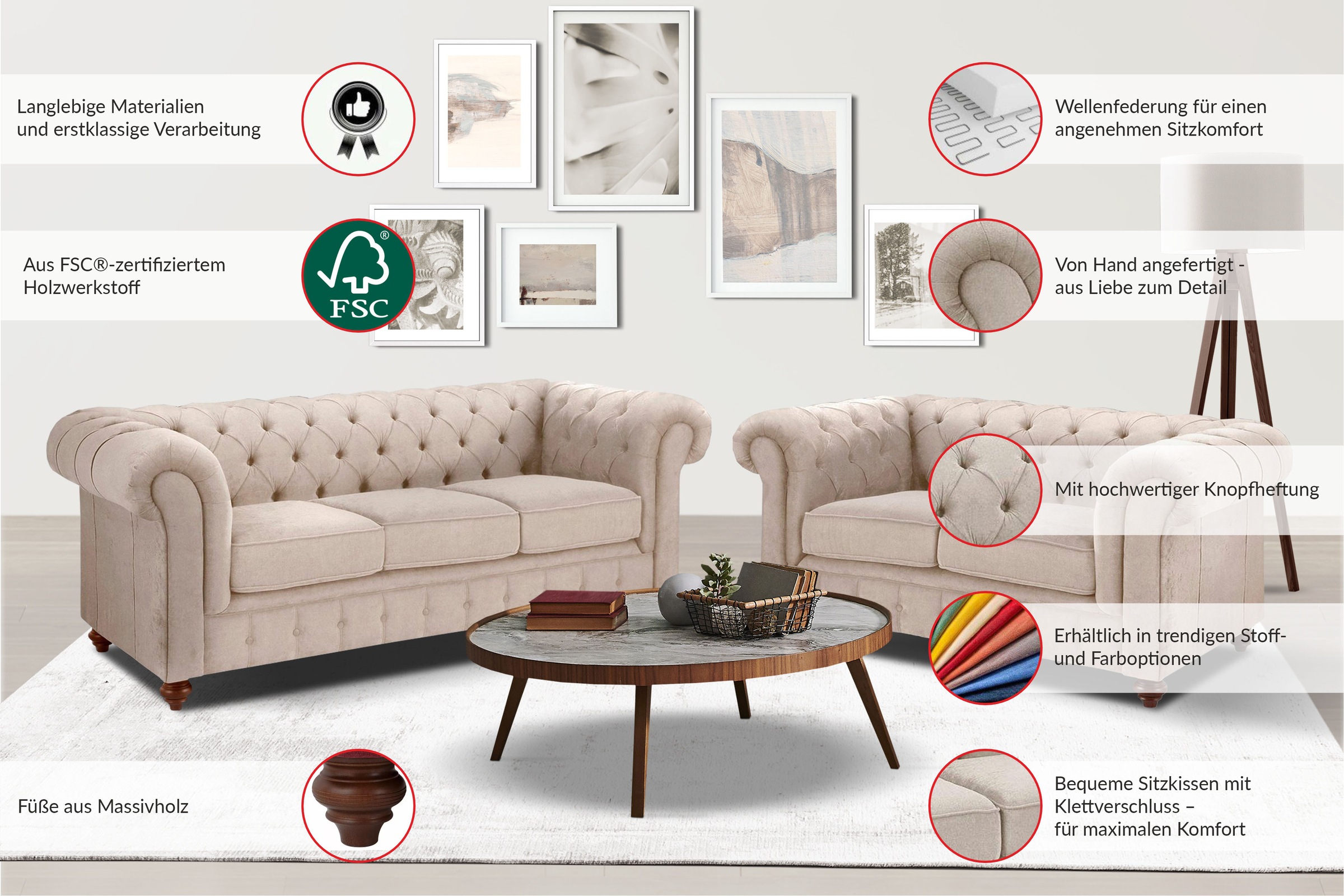 Home affaire Chesterfield-Sofa »Chesterfield 3-Sitzer B/T/H: 198/89/74 cm«, mit hochwertiger Knopfheftung, auch in Leder