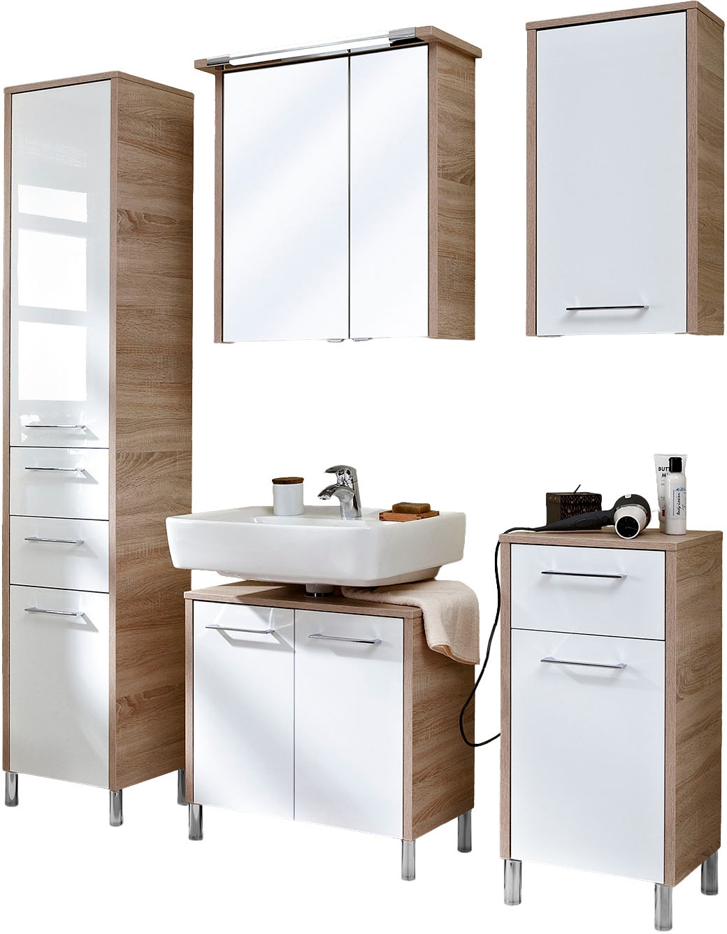Saphir Badmöbel-Set »Quickset 382 5-teilig, Waschbeckenunterschrank mit LED-Spiegelschrank«, (11 St.), Hochschrank, Unterschrank, Hängeschrank, inkl. Türdämpfer, 8 Türen