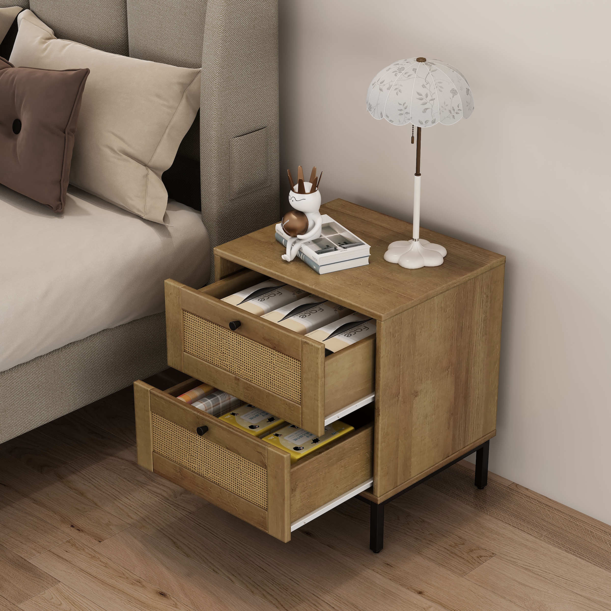 OTTO home Nachtkommode »Motala Nachtschrank Set BOHO Style mit Geflecht Schubladen Bestseller« Set, 2 Schränke im Set - Eichen-Design mit schwarzen Griffen, 