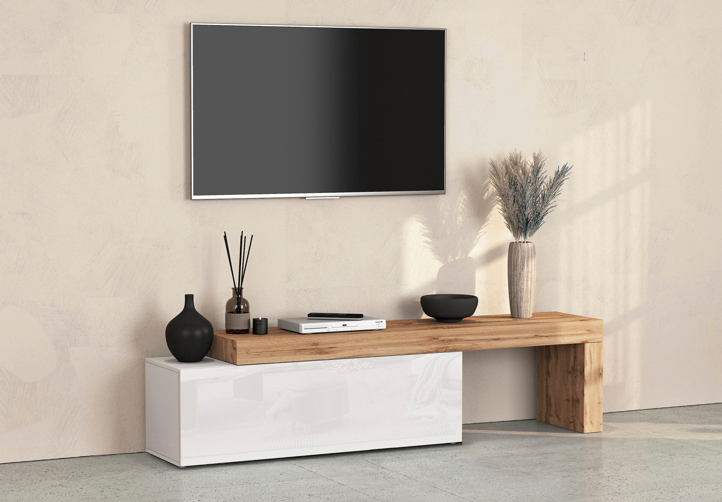OTTO home Lowboard "Lowboard Chronos TV-Board, TV-Schrank" Spar-Set, Breite verstellbar von 180 bis 290 cm, 1 Stk. tlg. Breite 240 cm TV-Board,Lowboard,1 Klappe und ein L-Förmiger Aufsatz