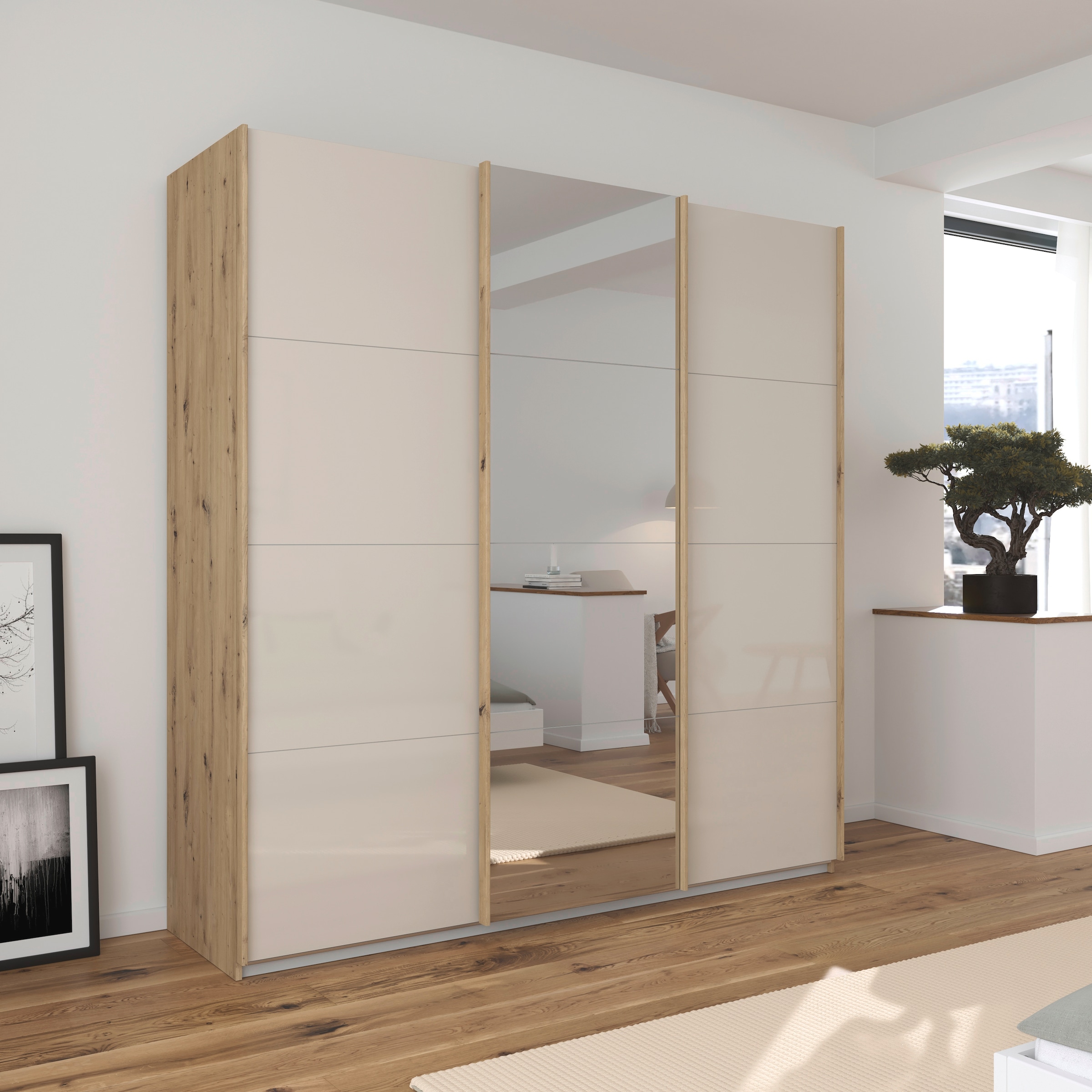 rauch Schwebetürenschrank »Kleiderschrank Kleiderschränke Schrank Garderobe AGORDO mit Glasfront«, durchdachte Innenausstattung, in 4 Breiten und 2 Höhen MADE IN GERMANY