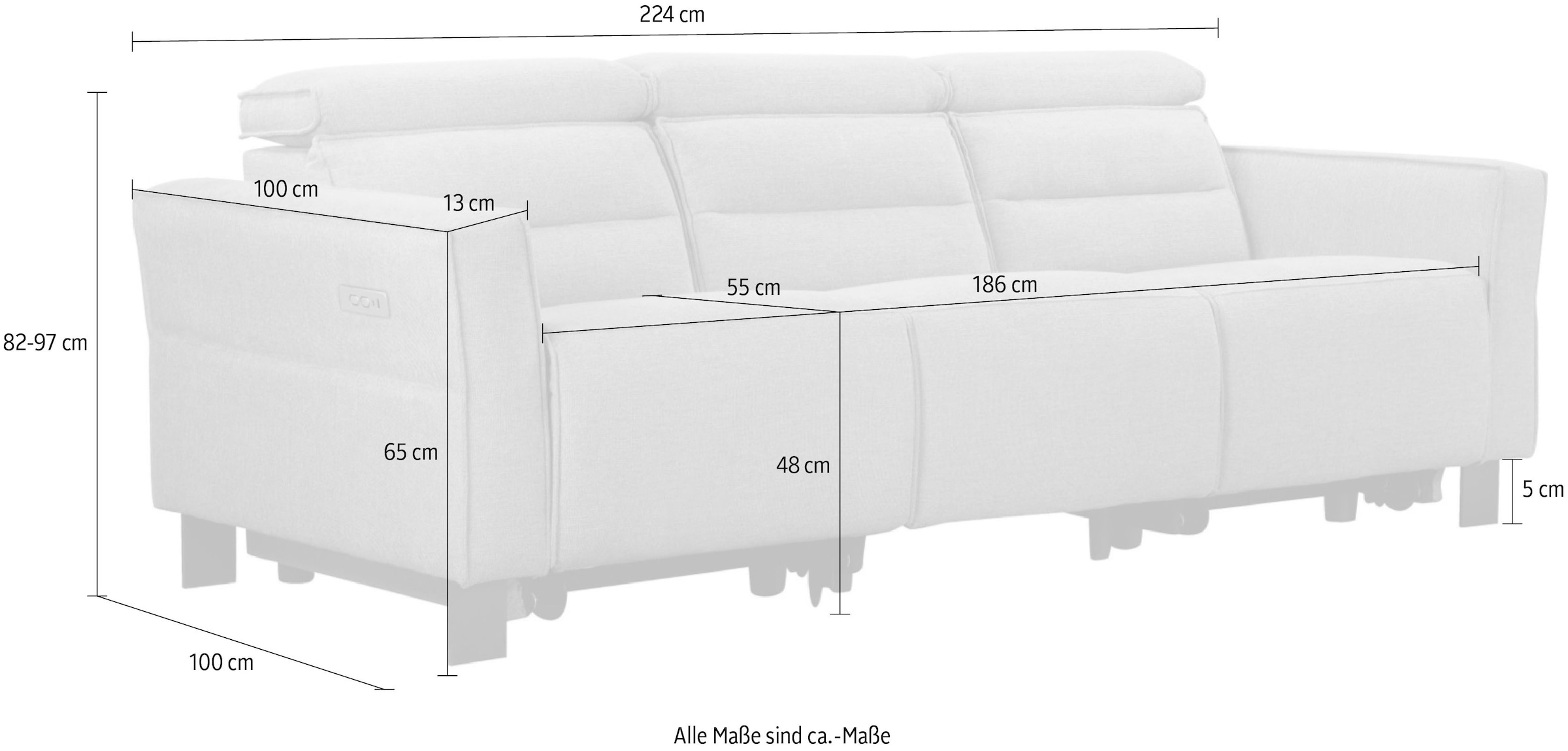 Places of Style 3-Sitzer »Carpari, 224cm, manuelle od. elektrische Relaxfunktion in 2 Sitzen«, mit USB, Kopfteilverstellung, Echtleder, Kunstleder, Webstoff