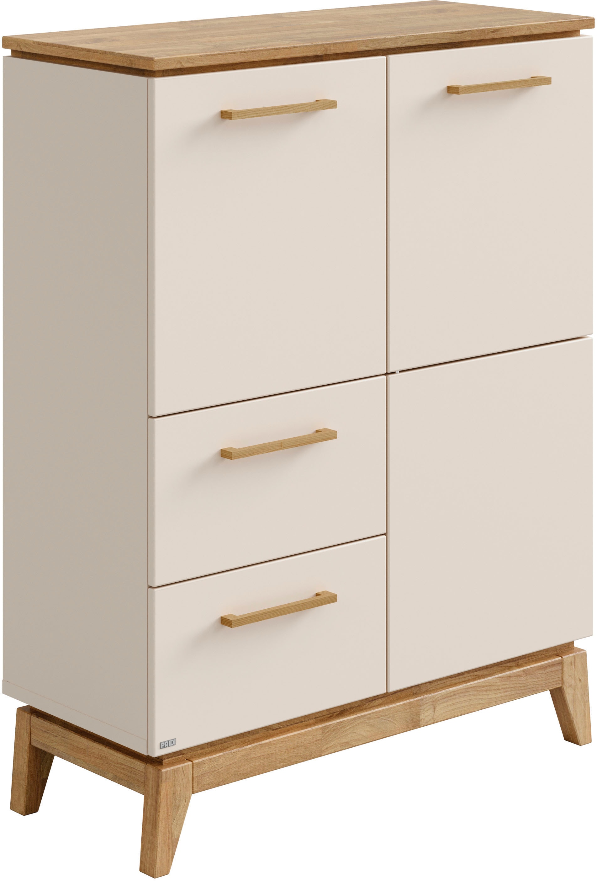 PAIDI Highboard "STIENE in Beige oder Grau, 2 Schubladen und 2 Türen mit Soft-Close" B/H/T ca. 95/123/40cm, stabiles Regal mit Massivholz, Standregal, geprüfte Qualität