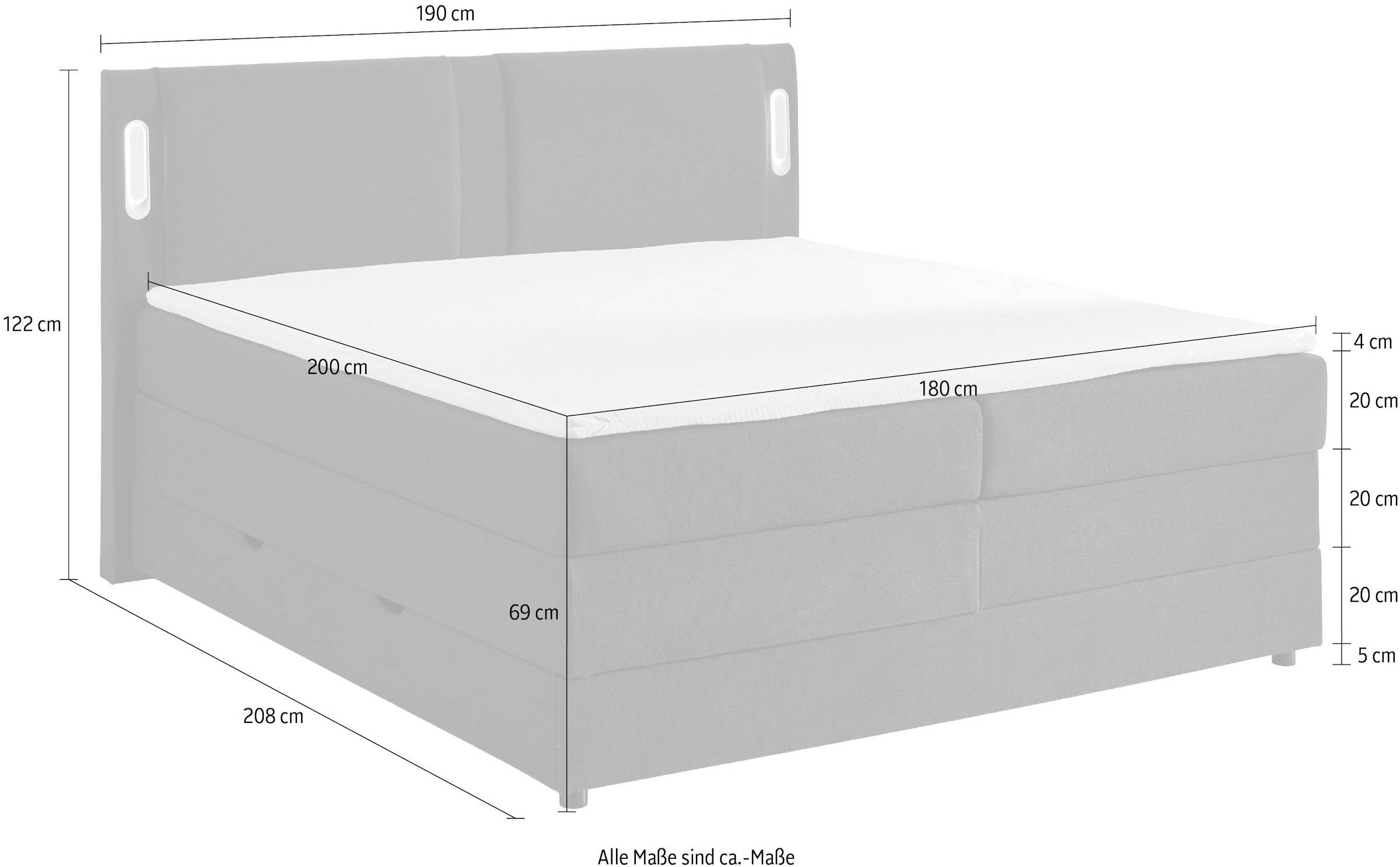 INOSIGN Boxbett »ELVERTA, Polsterbett mit Bettkasten, inkl. Taschenfederkernmatratze H3« mit Topper und LED-Beleuchtung, Strukturstoff-Bezug,  180x200 cm