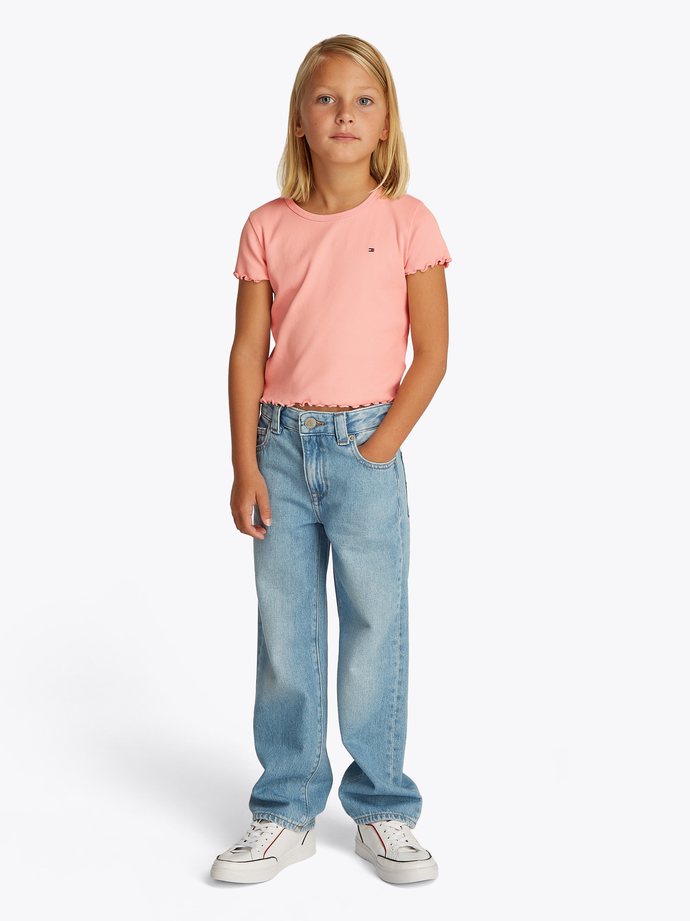 Tommy Hilfiger T-Shirt »ESSENTIAL RIB TOP mit Babylock-Kanten und Stickerei«, unifarben, casual, regular fit, Baumwollmix, Rundhals