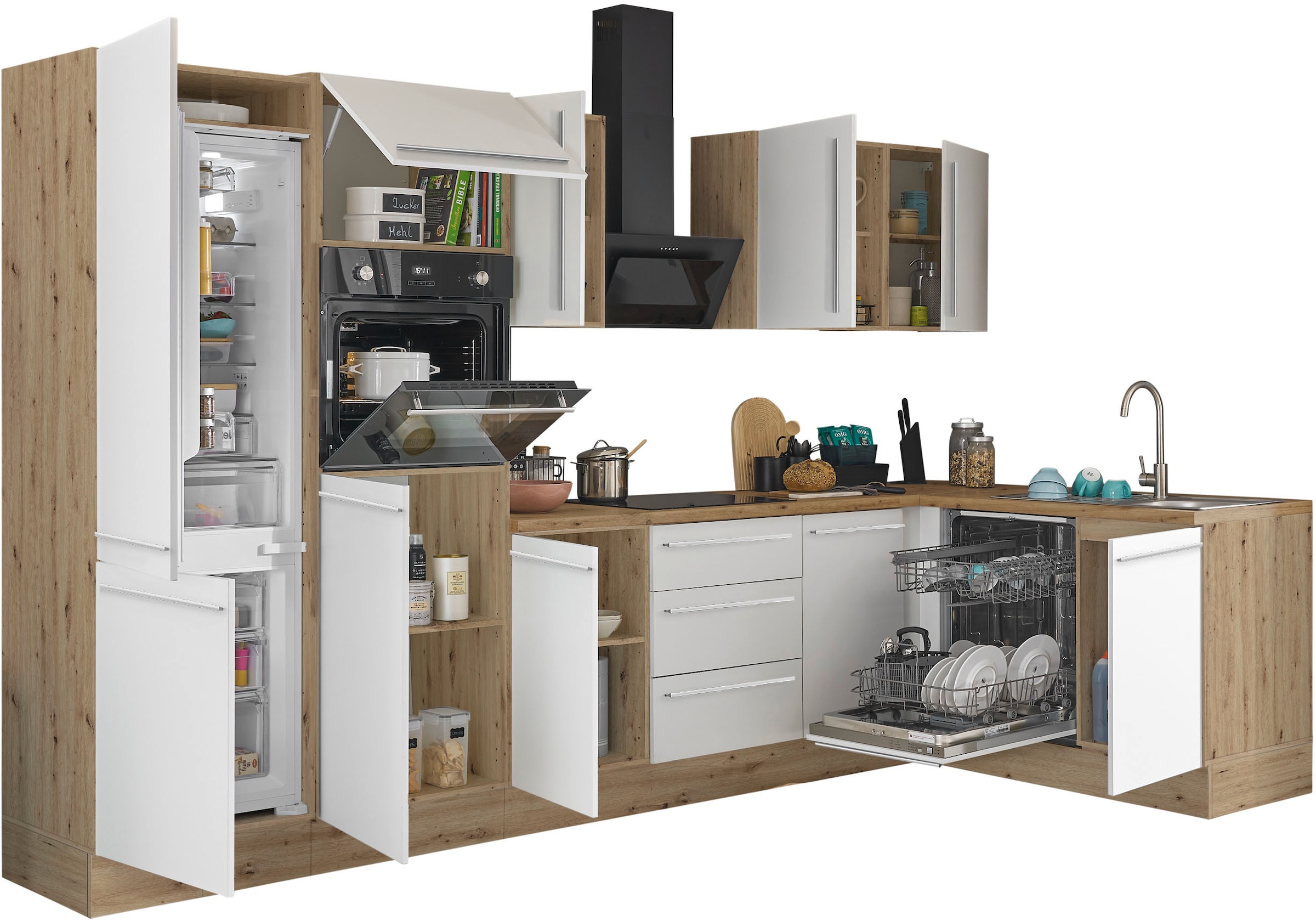 KOCHSTATION Winkelküche »Florida, Stellbreite 340x175 cm« wahlweise mit E-Geräten, mit Softclose für Türen und Schubkästen