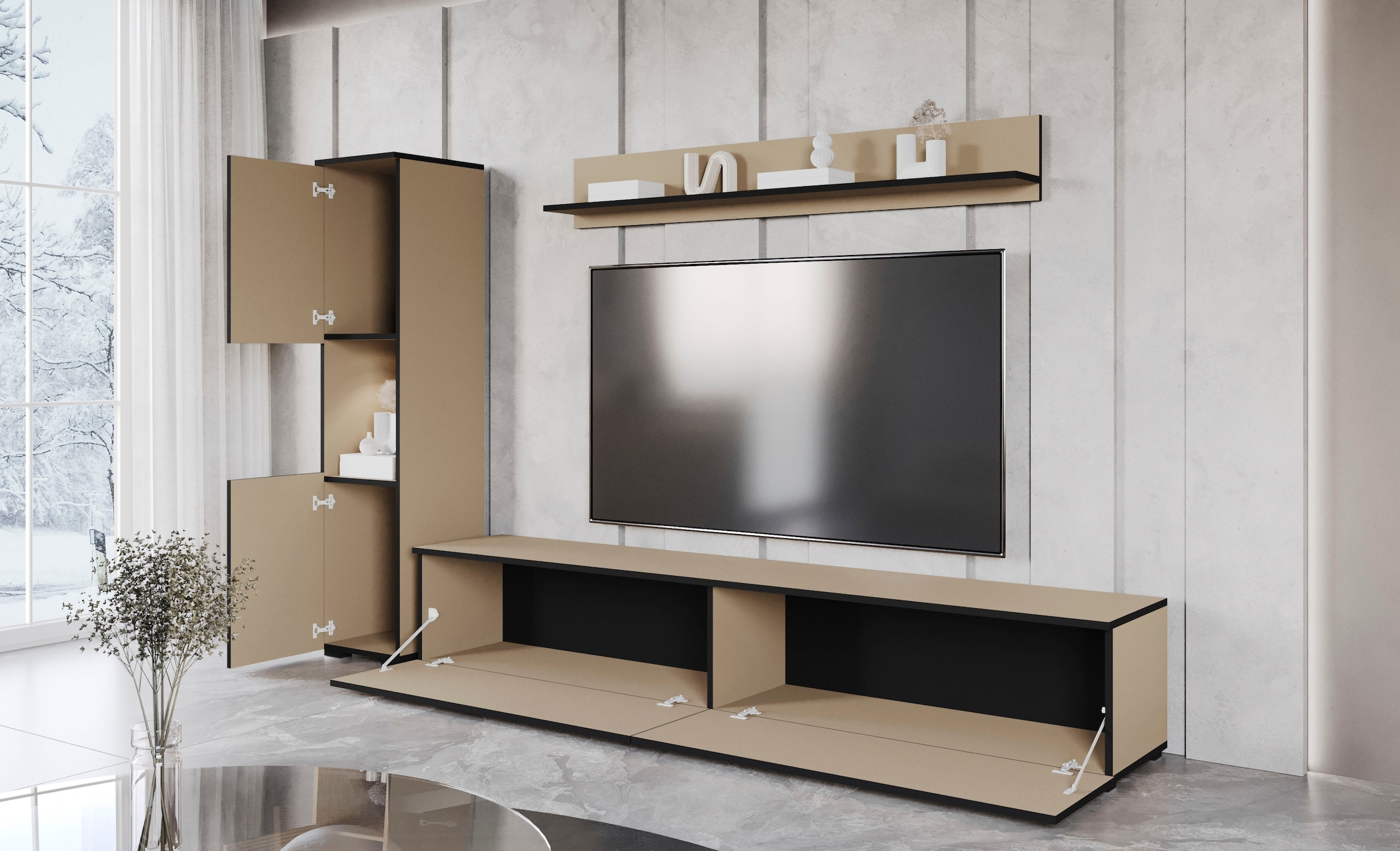 INOSIGN Wohnwand »PARIS, Vitrine Türanschlag links/rechts wechselbar«, (Komplett-Set, 3 St.), grifflose Design, stehend und hängend montierbar