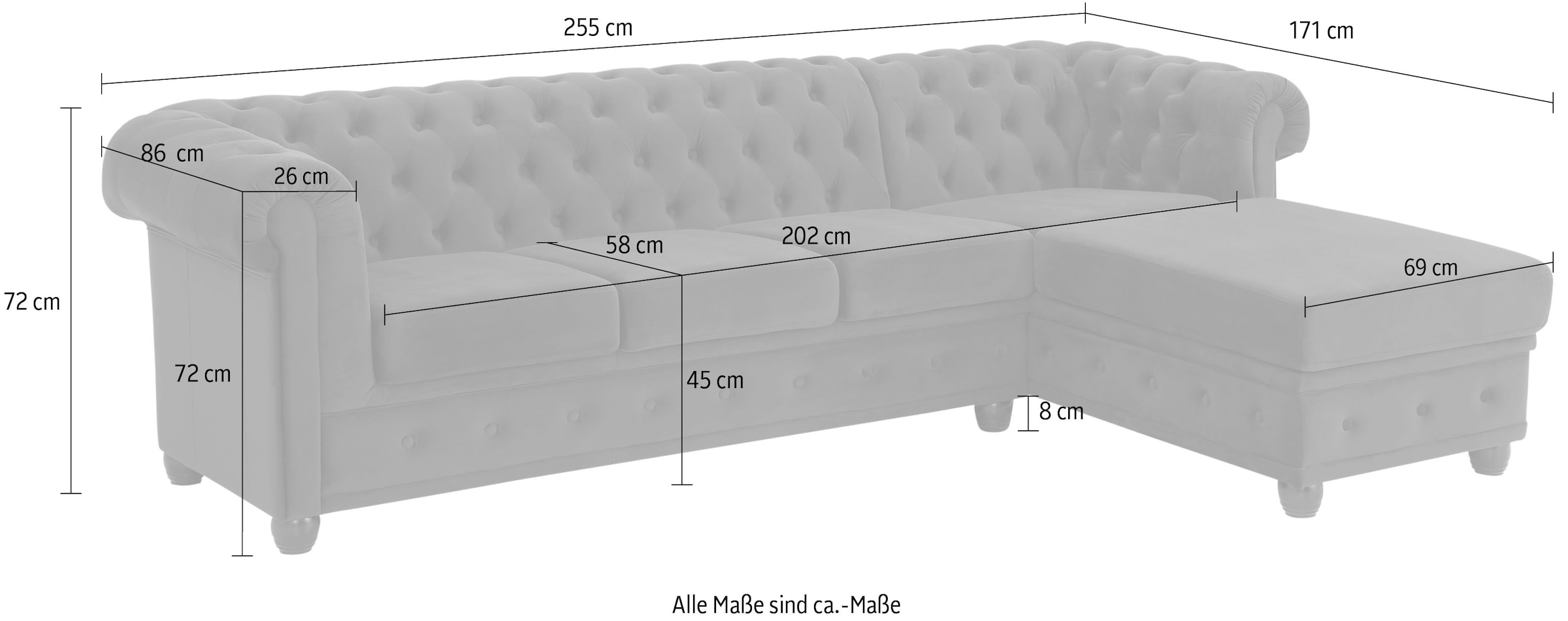 Home affaire Chesterfield-Sofa »New Castle L-Form« hochwertige Knopfheftung in Chesterfield-Design, B/T/H: 255(171/72)