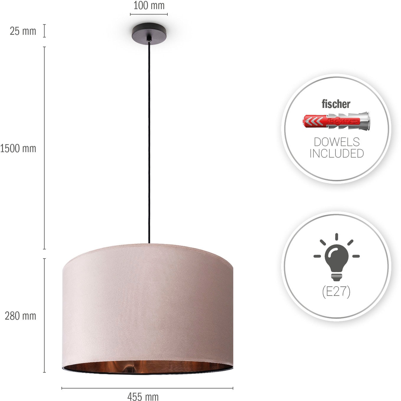 | Velour Deko Wohnzimmer 3 online kaufen Paco Home aus »Hugo E27 uni mit Jahren Garantie Pendelleuchte Kabel Lampenschirm Unifarben 1,5m XXL Color«,
