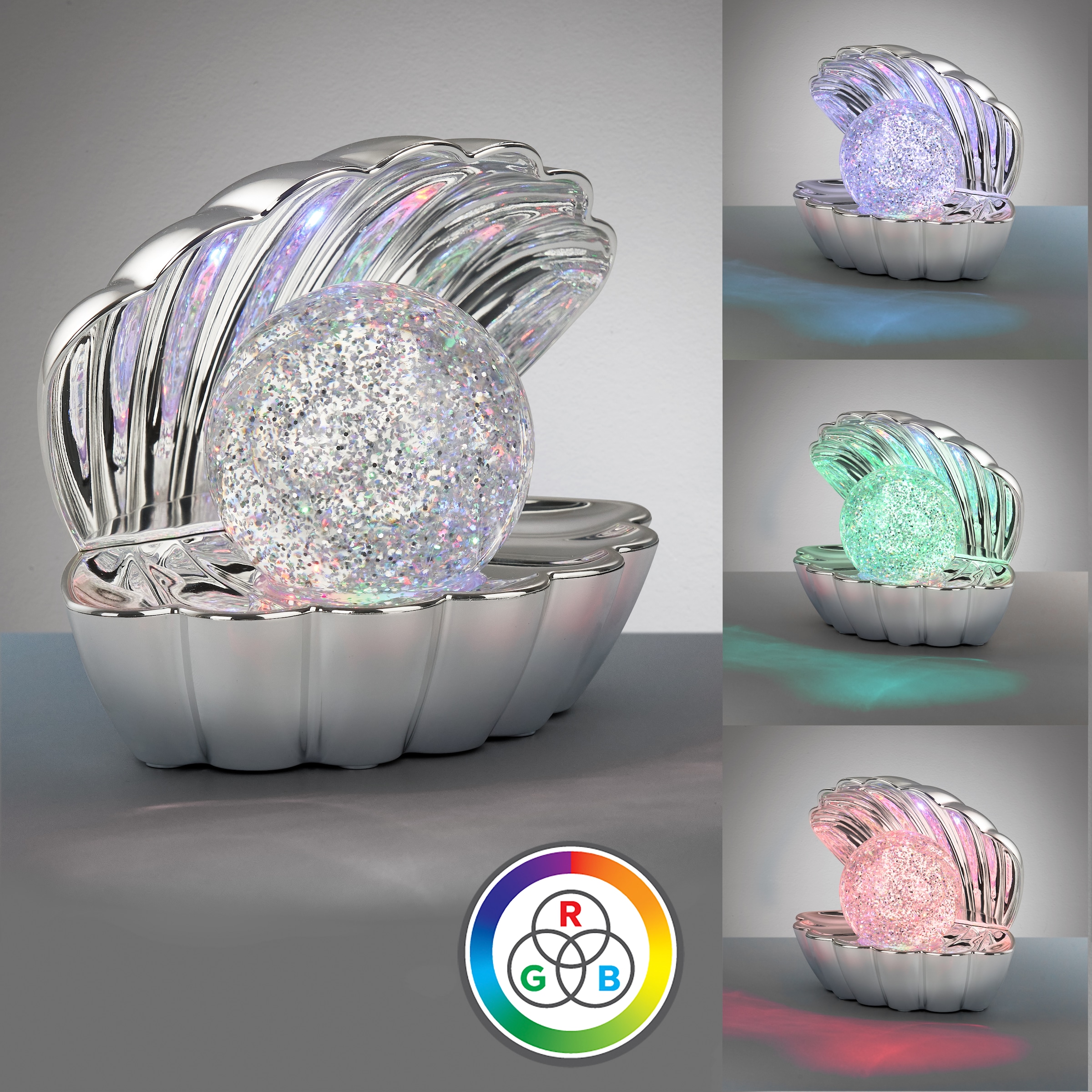 REALITY Leuchten LED Tischleuchte »SHELLY, Deko Tischlampe in Muschelform mit RGB Farbwechsel, 0,8W 15Lm« LED-Board 1 Stk. RGB Muschel Tischlampe mit Glitzerkugel und Farbwechsel inkl USB-Ladekabel