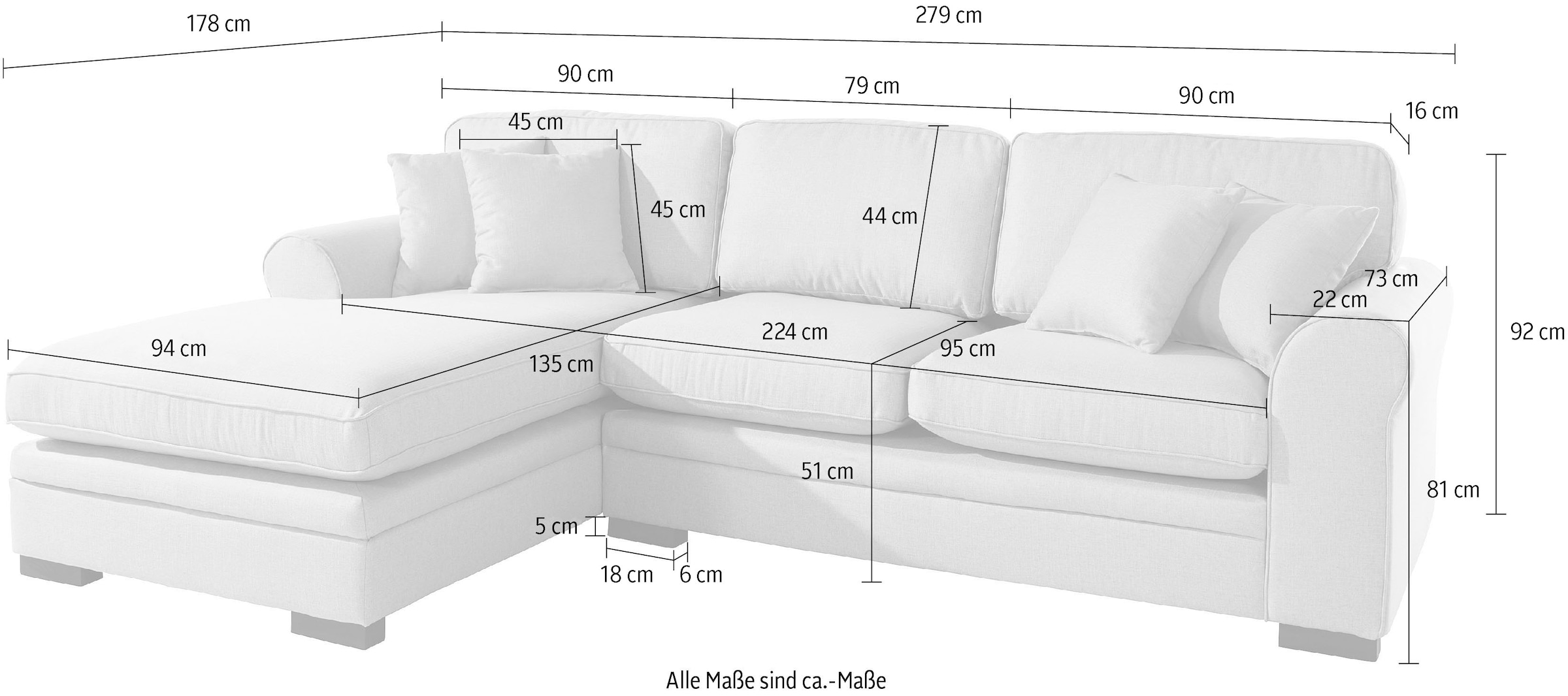Home affaire Ecksofa »Broughton L-Form«, weicher Sitzkomfort, incl. 4 Zierkissen, Keder
