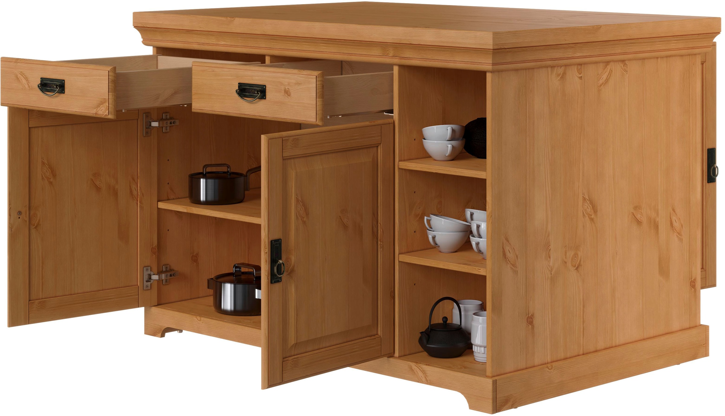 Home affaire Kücheninsel »Rügen« Breite 130 cm, Kiefer massiv, mit Türen, Schubkästen, offenen Fächern