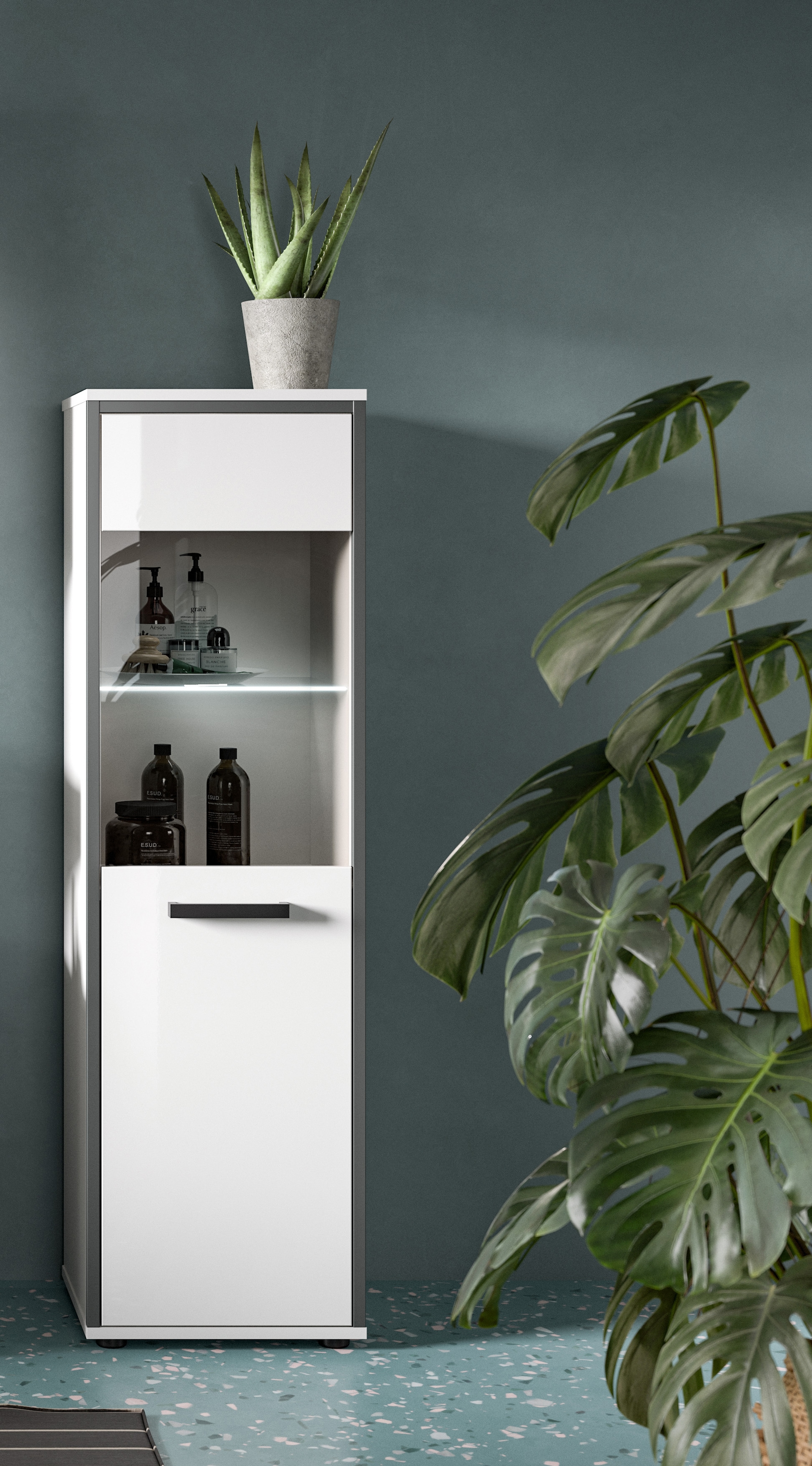 welltime Midischrank »KAJO, hochglanz Front, inkl. Beleuchtung, Glastür, 4 Fächer« 2 Stk. tlg. Badschrank, Midischrank, Bad, Badezimmer