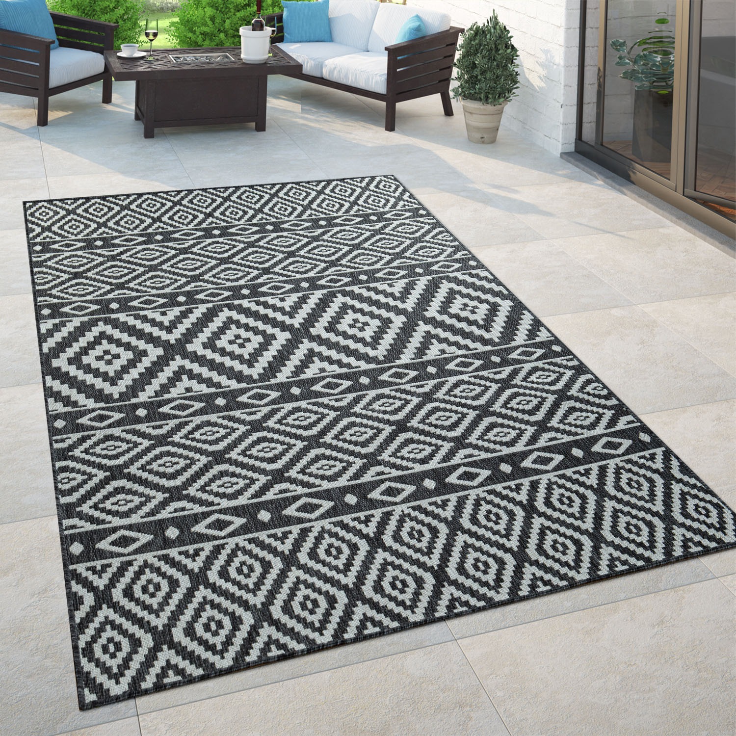 Paco Home Teppich »Coco 201«, rechteckig, 4 mm Höhe, Flachgewebe, Rauten Design, In- und Outdoor geeignet, Wohnzimmer