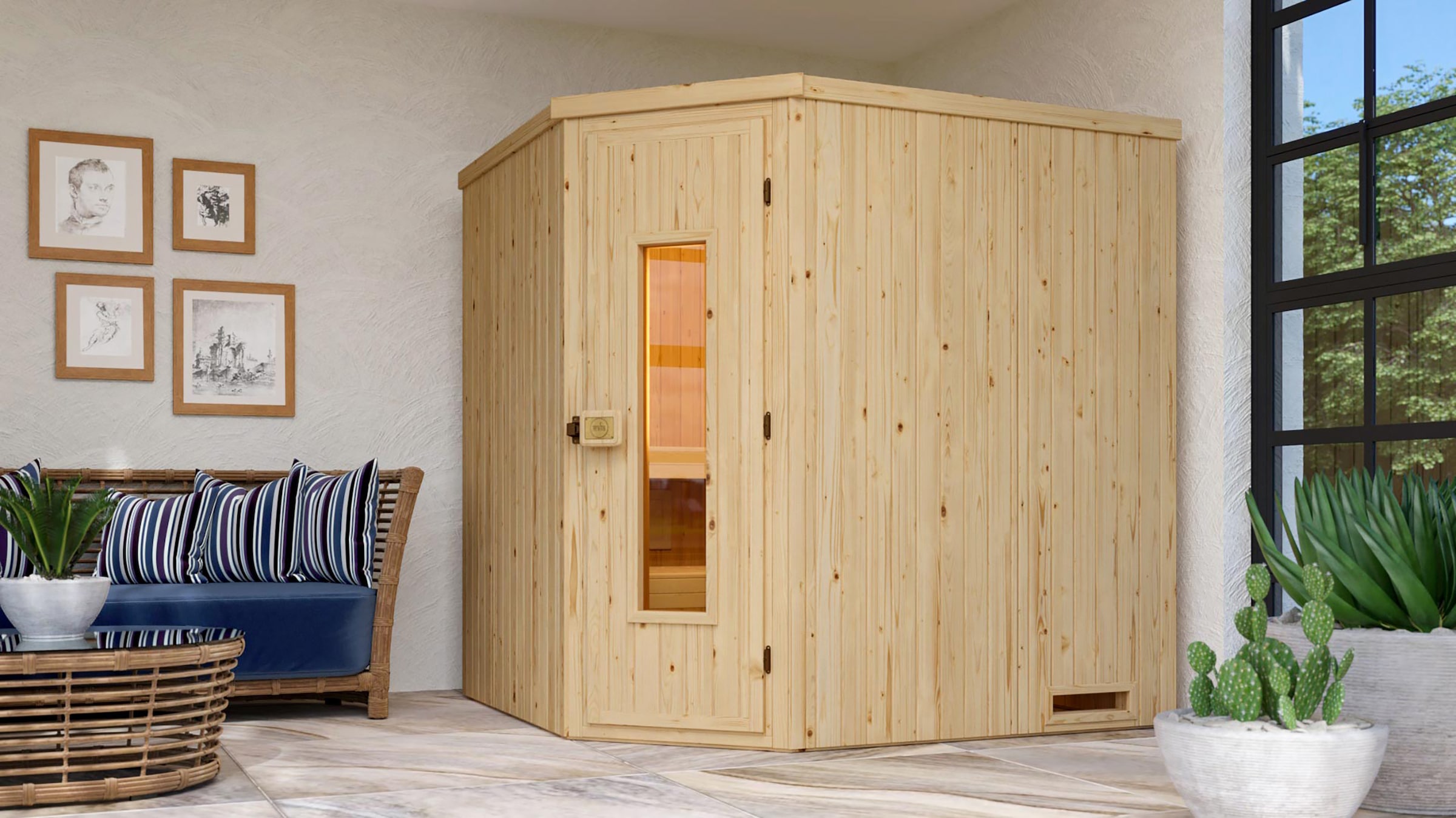 weka Sauna »Element-Ecksauna VARBERG 2« vorgefertigte Elemente, isolierte Holztür