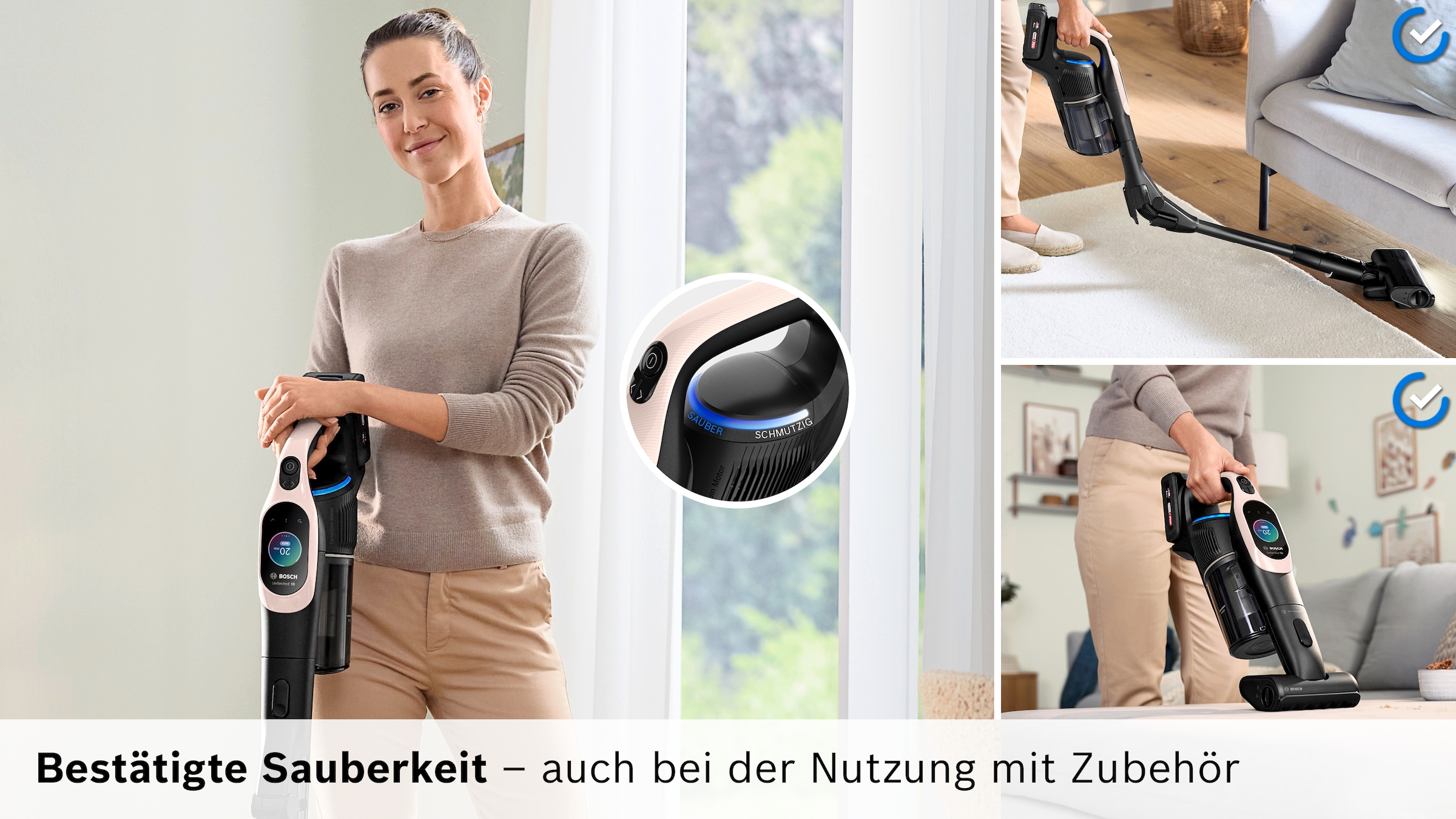 BOSCH Akku-Stielstaubsauger »Unlimited 10 BKS1041RHF, MicroClean™ Technology, Display, Knickrohr« HEPA-Filtersystem, 10 Jahre Motorgarantie, LED-Licht, powder rose