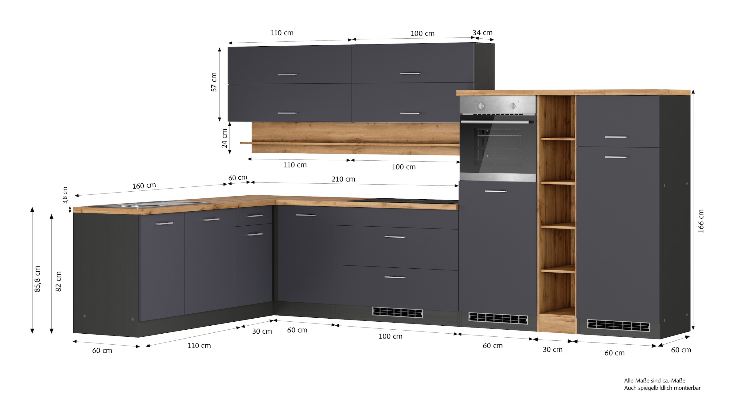 KOCHSTATION Winkelküche »KS-Milan, optional mit Muldenlüfter« Stellbr.360/220 cm, wahlweise mit E-Geräten, Kochfeld mit Dunstabzug