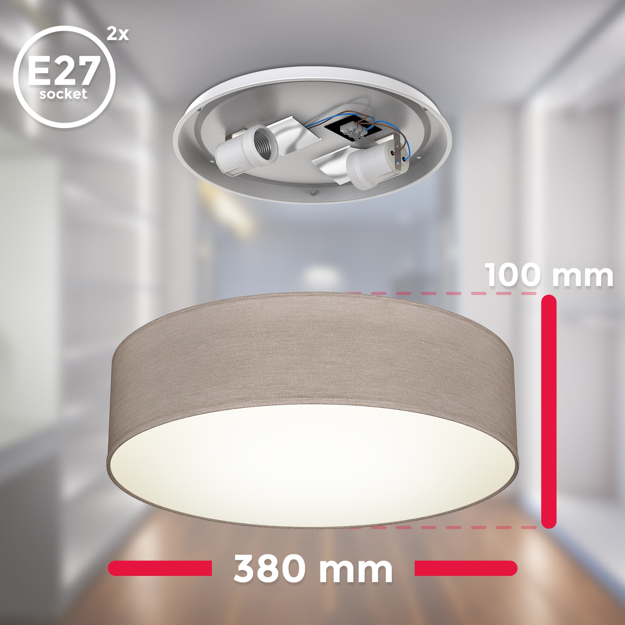 B.K.Licht 3 Textilschirm flammig-flammig, Deckenlampe 2 Stoff taupe mit | Schlafzimmer XXL 2xE27 Deckenleuchte, online Wohnzimmer Jahren Garantie kaufen LED