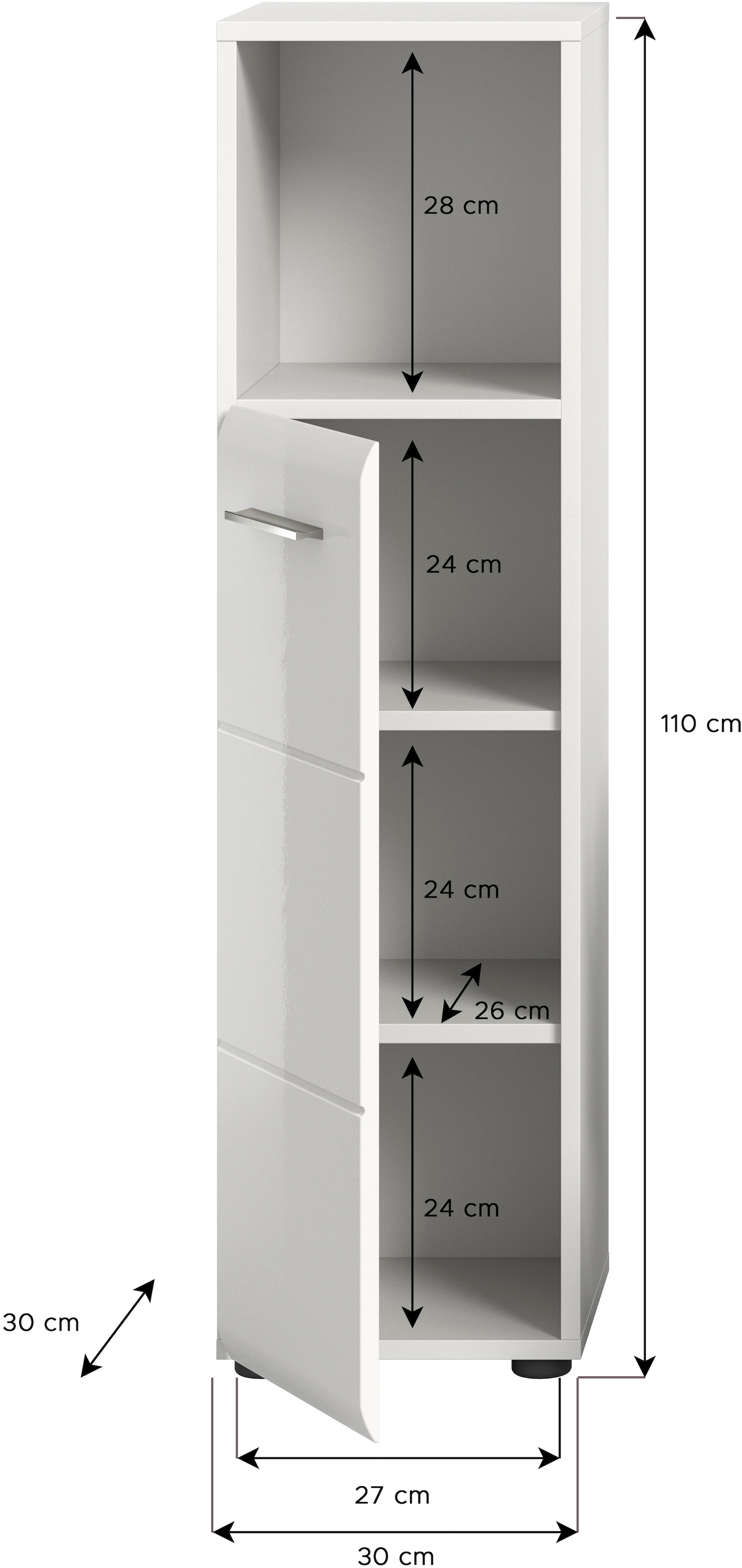 welltime Stauraumschrank »FLORENZ, TOPSELLER!, Höhe 110 cm, 1 Tür, 2 Fachböden, 1 offenes Fach« TOPSELLER!, 1 Stk. tlg. Türanschlag wechselbar, hochwertige MDF Front, Badschrank, Bad