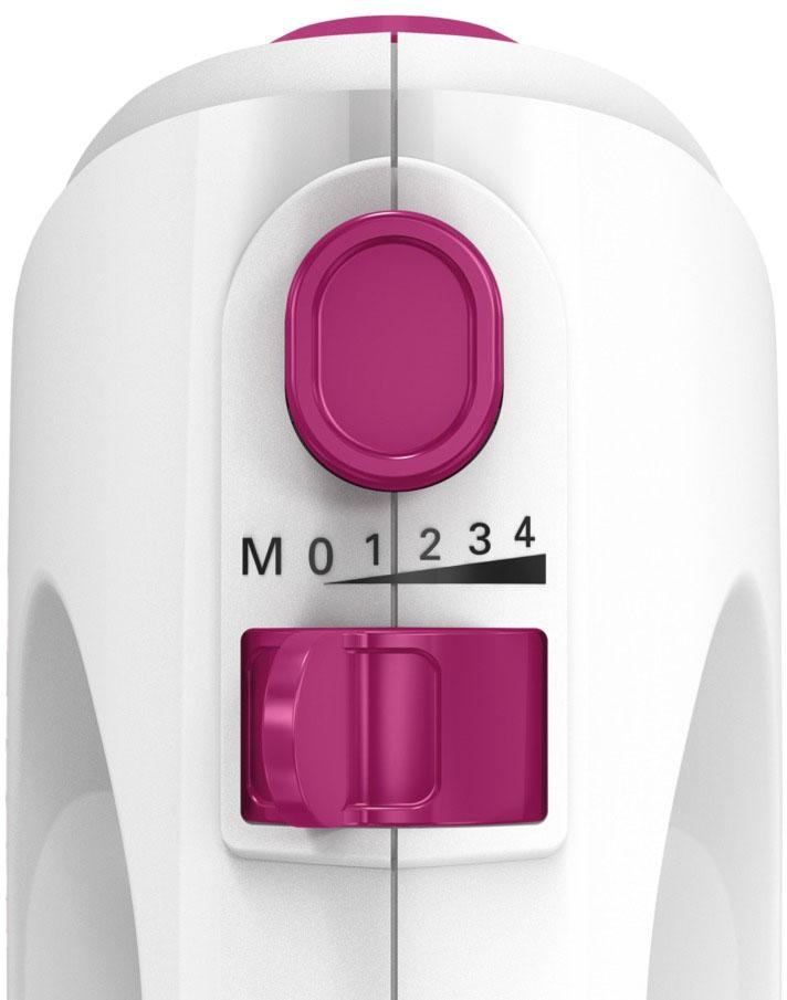 BOSCH Handmixer »CleverMixx MFQ2210P, Edelst. Rührbesen/Knethaken, 4 Stufen, weiß/pink«, 375 W, Turbotaste, ergonomischer Griff, Auswurftaste, Made in Europe