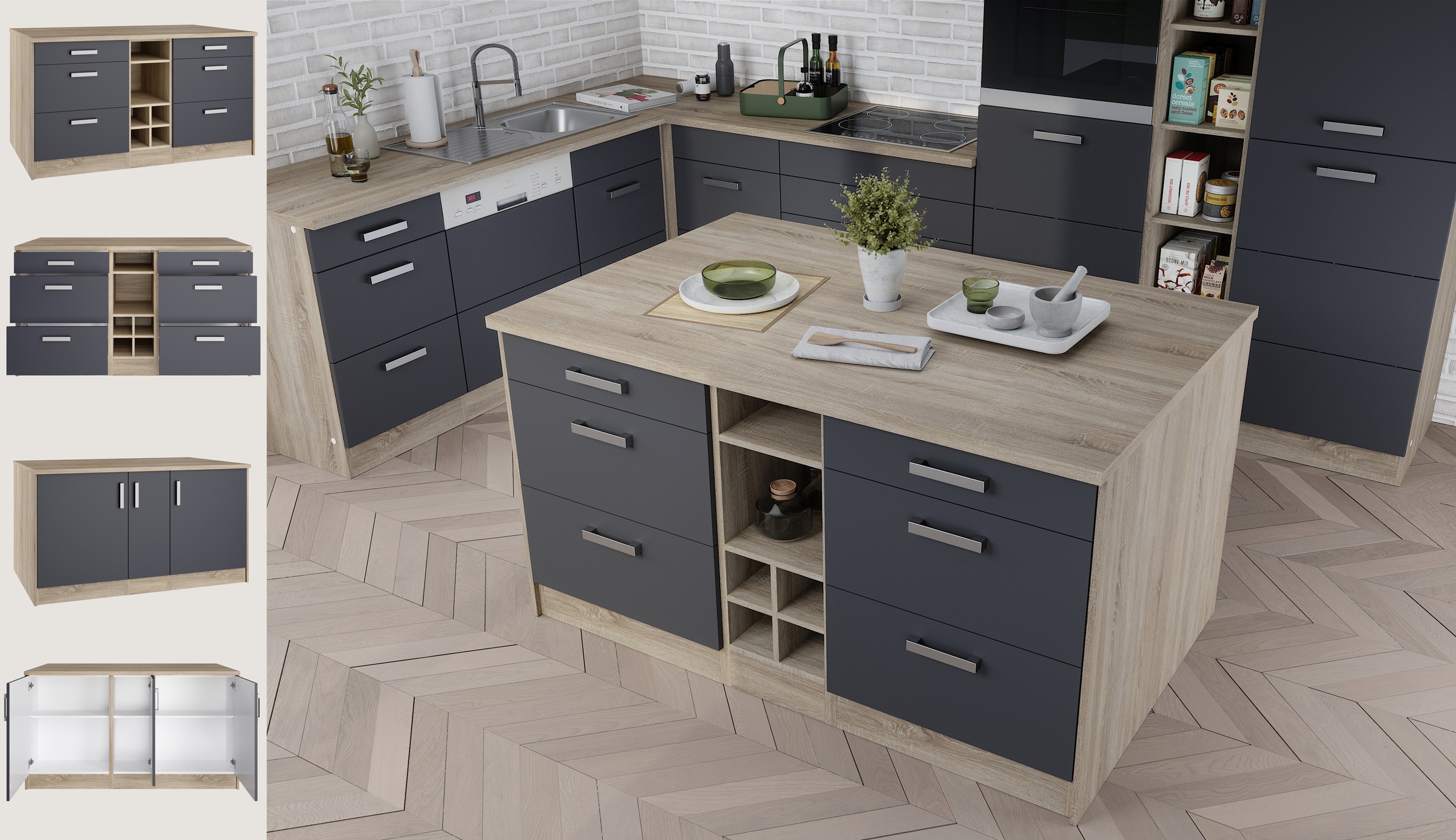 KOCHSTATION Kücheninsel »KS-Toronto«, Breite 153 cm, MDF-Fronten, Flaschenregal