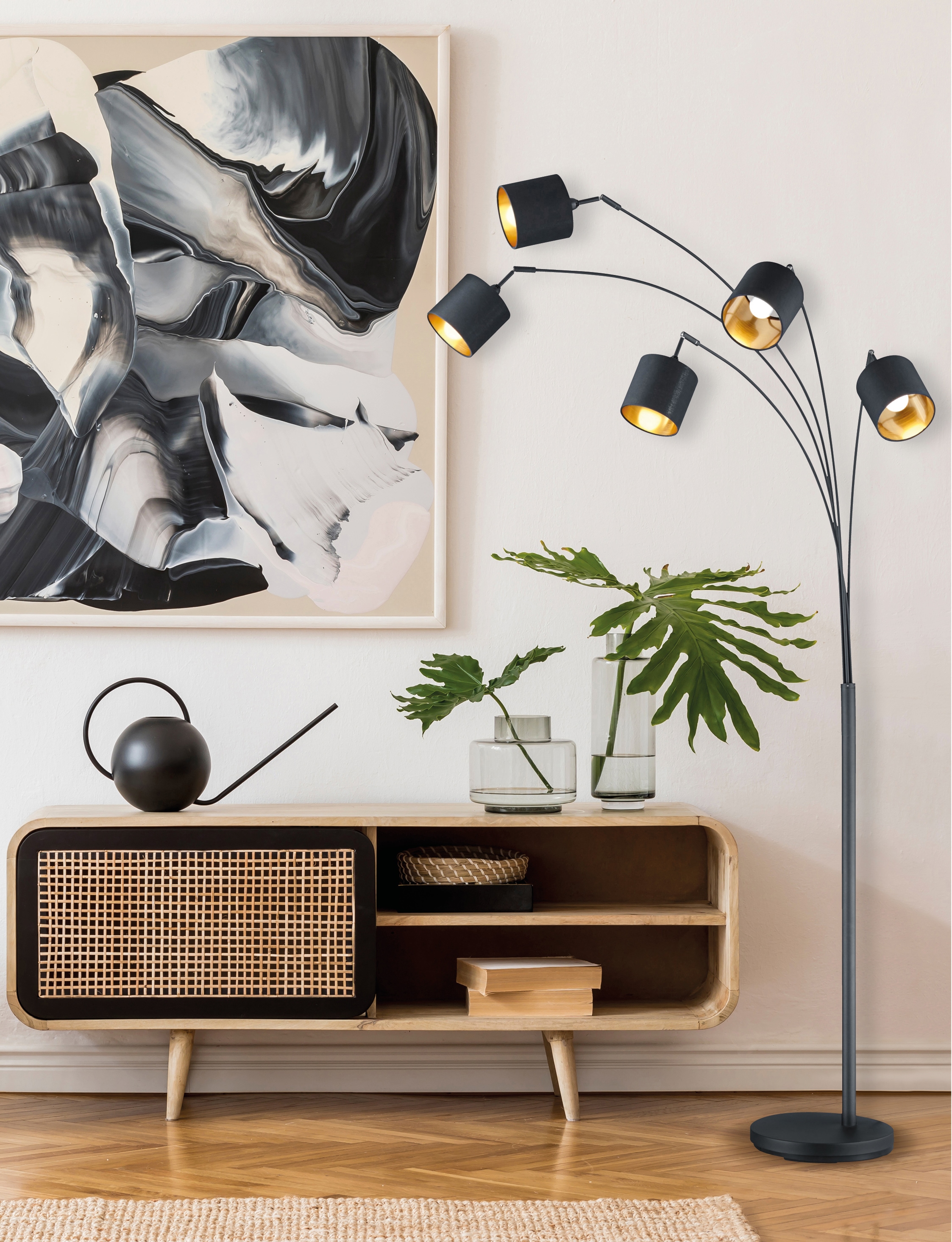 REALITY Leuchten Stehlampe »Tommy, Bogenleuchte 5-flammig, exkl 5x E14 max 28W, mit Fussschalter« E14 1 Stk. warmweiß - kaltweiß Stehlampe Wohnzimmer mit Stoffschirmen und verstellbaren Spots