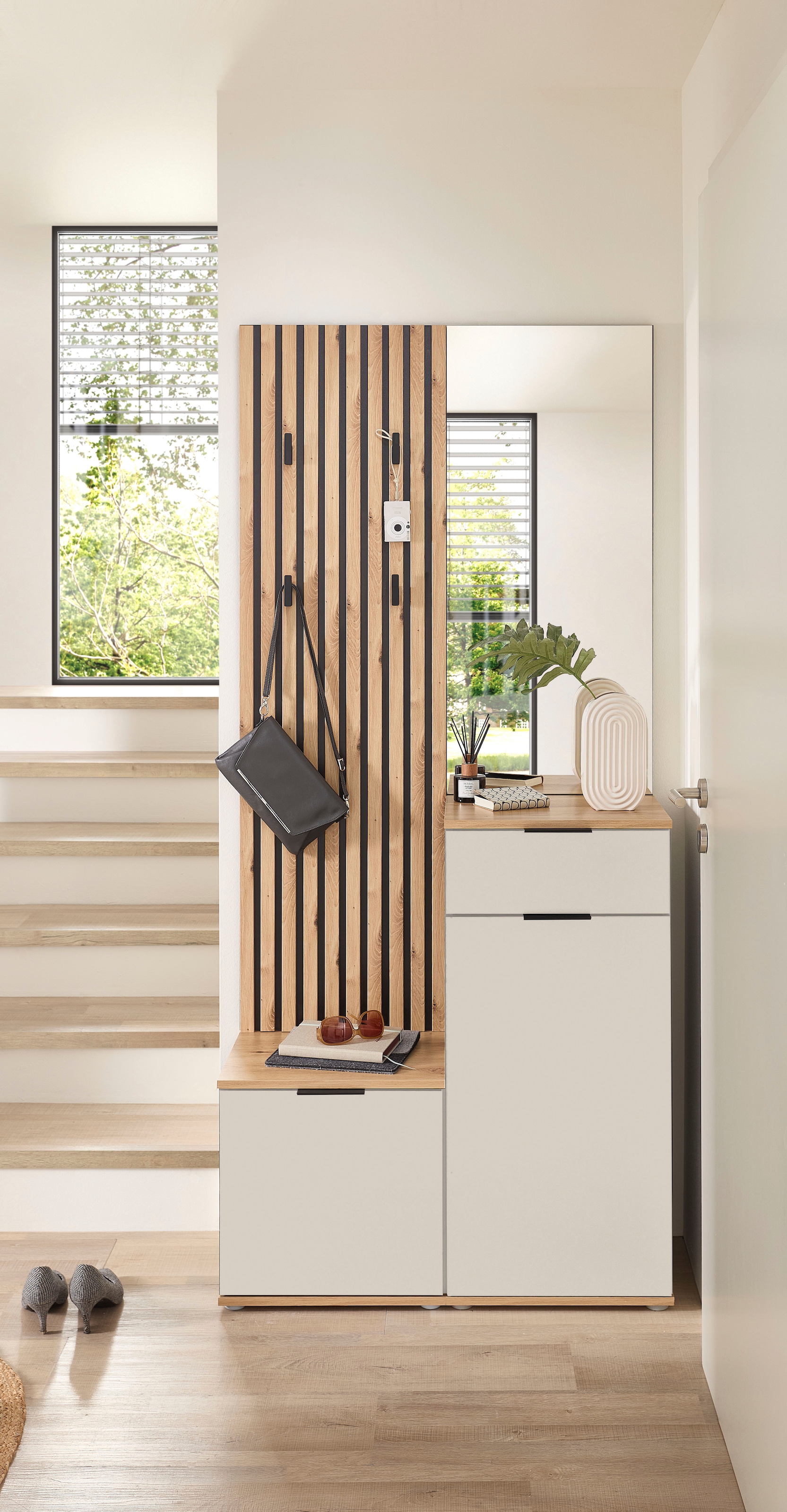 HBZ Kompaktgarderobe »Simple mit Spiegel, Flurgarderobe BxHxT 88x195x35 cm« 4 Stk. tlg. mit Bank, Paneel, Schuhkommode mit Schubkasten und Spiegel