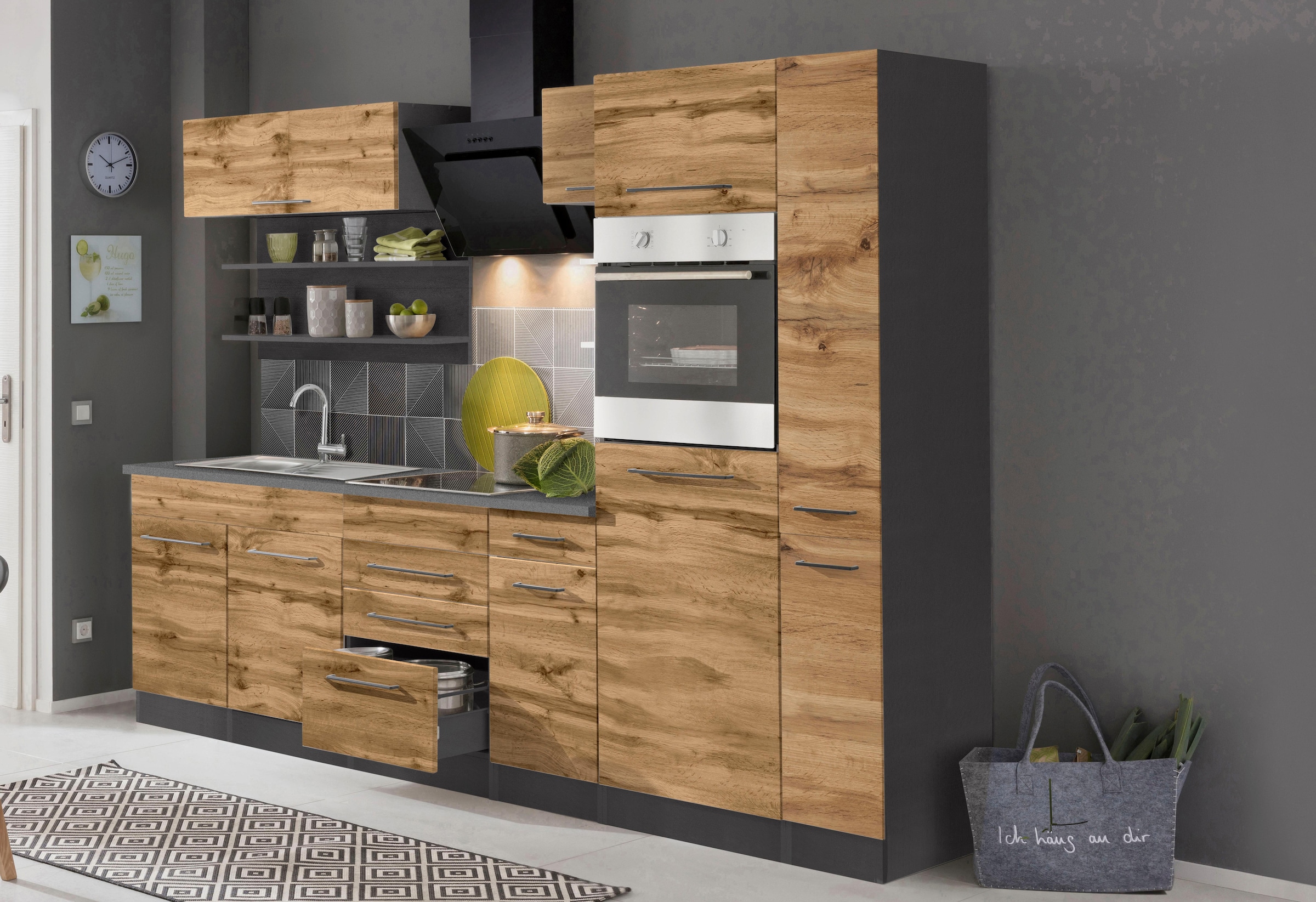 KOCHSTATION Küchenzeile »KS-Tulsa« ohne E-Geräte, Breite 300 cm, schwarze Metallgriffe, MDF Fronten