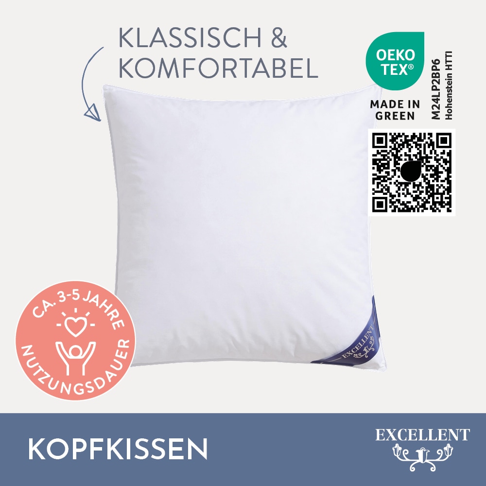 Excellent Federkopfkissen »Venedig «, Füllung: 85% Federn, 15% Daunen, Bezug: 100% Baumwolle, (1 St.), Kissen hergestellt in Deutschland, allergikerfreundlich, In den Größen: 40x40, 50x50, 40x60, 60x60, 40x80, 80x80 cm erhältlich!