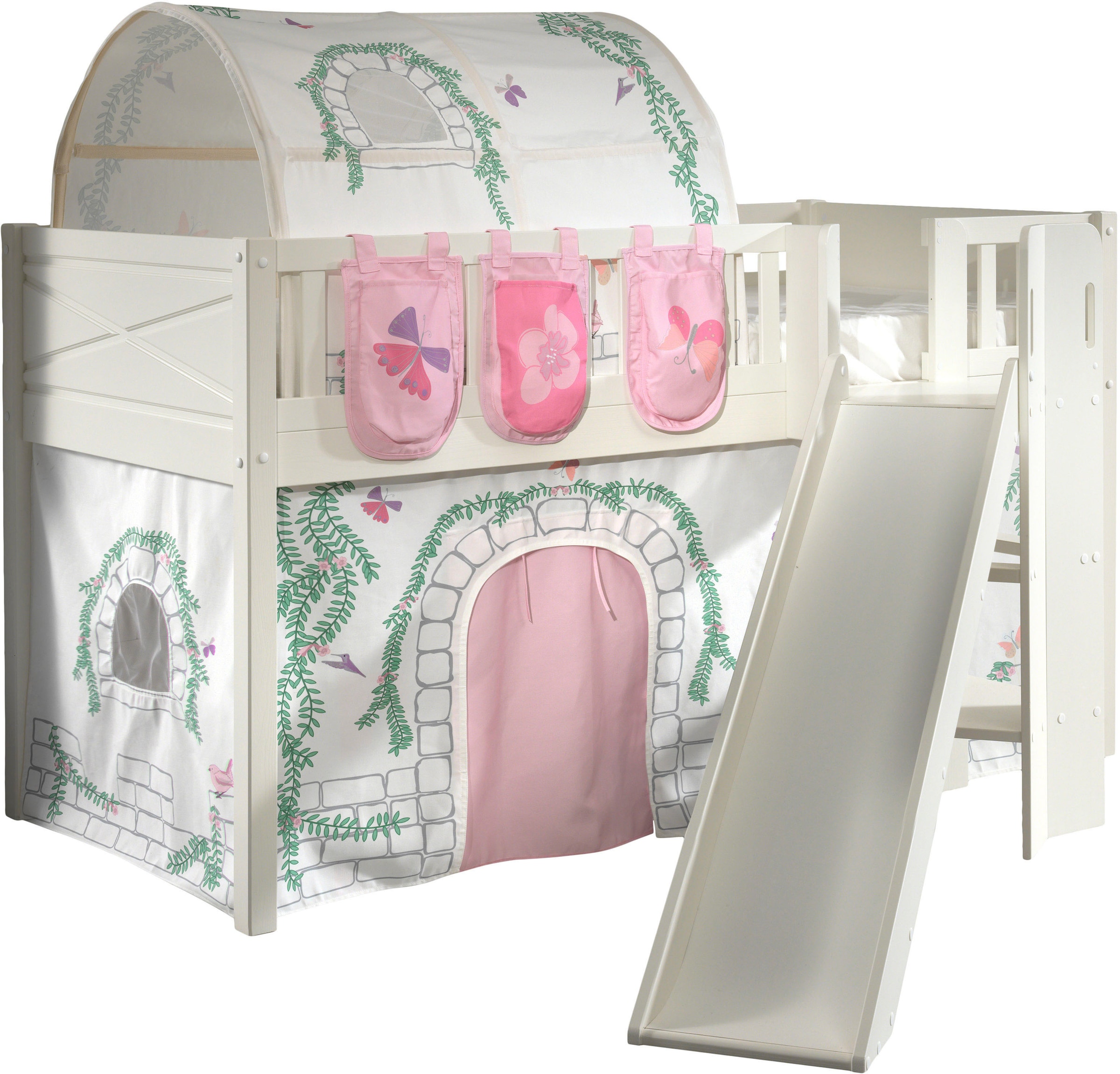 Scott Lit Mezzanine Toboggan et Rideau Birdy, Tunnel et Ses 3 Sacs Rangement Assortis