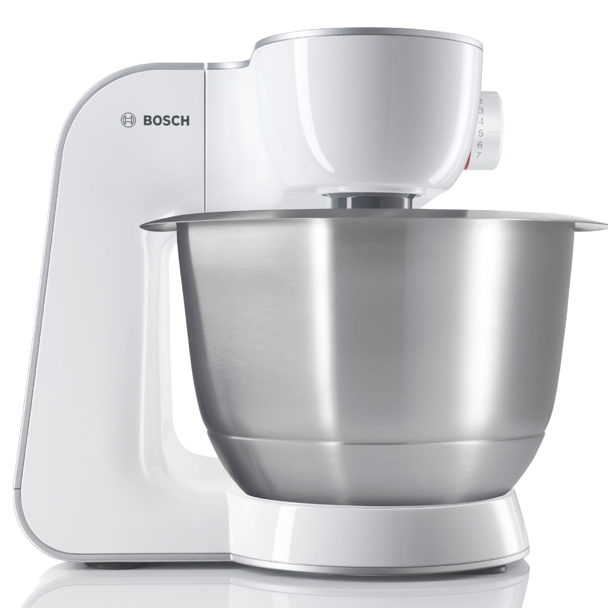 BOSCH Küchenmaschine »Serie 4 MUM58W20, Mixer, Durchlaufschnitzler, 3 Scheiben, weiß«, Edelstahl-Schüssel, Knethaken/Schlag-/Rührbesen, spülmaschinenfest
