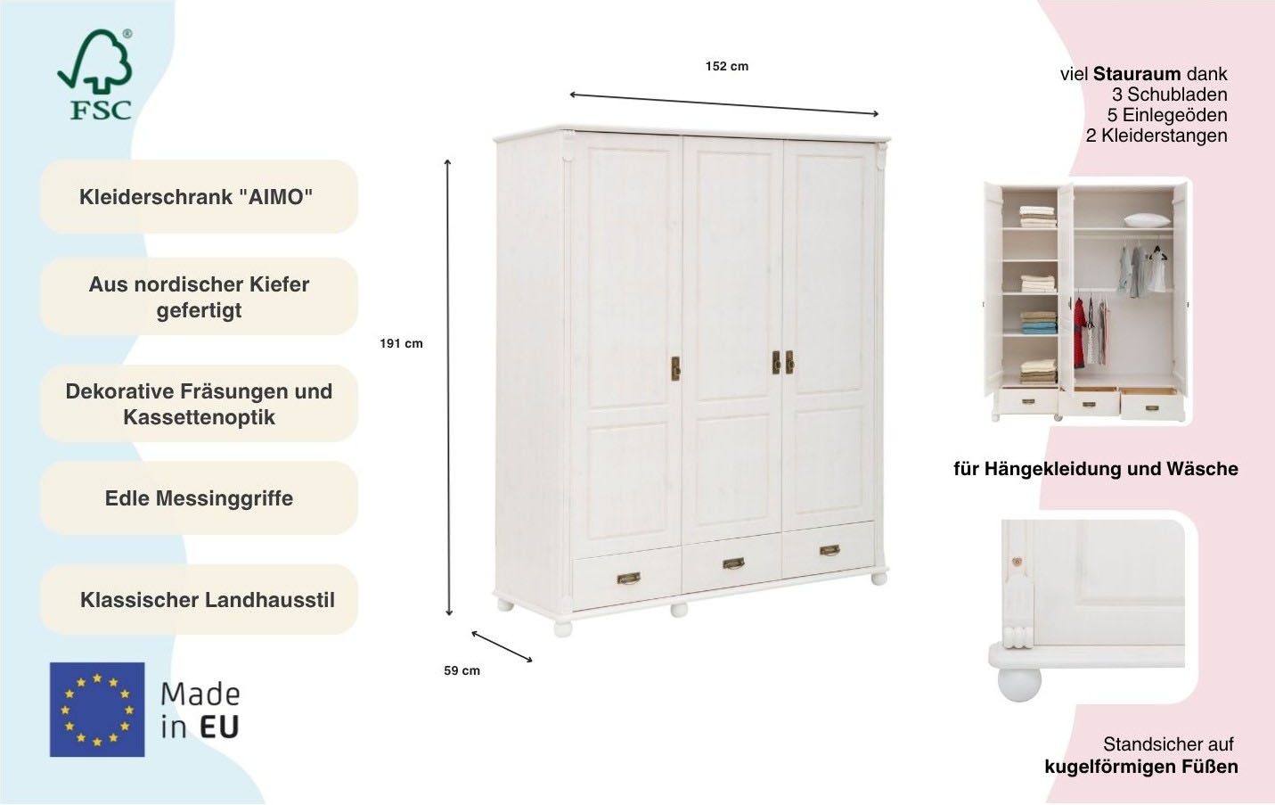 OTTO home Kleiderschrank »"Aimo", 3 türig, Landhausstil, Kassetten« B/H/T ca. 152/191/59 cm,  aus Massivholz; FSC®-Holz, Messinggriffe, Schubladen, stabile Qualität