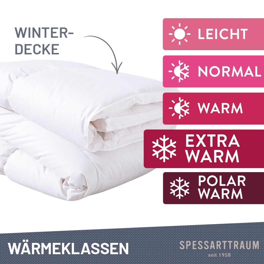 SPESSARTTRAUM Daunenbettdecke »Exklusiv, Bettdecken für Sommer und Winter«, Füllung 100% Daunen, Klasse 1, Downpass zertifiziert, Bezug 100% Baumwolle, nachhaltig (Made in Green), Hausstauballergiker geeignet, (1 St.), 5 Wärmeklassen & 8 Größen