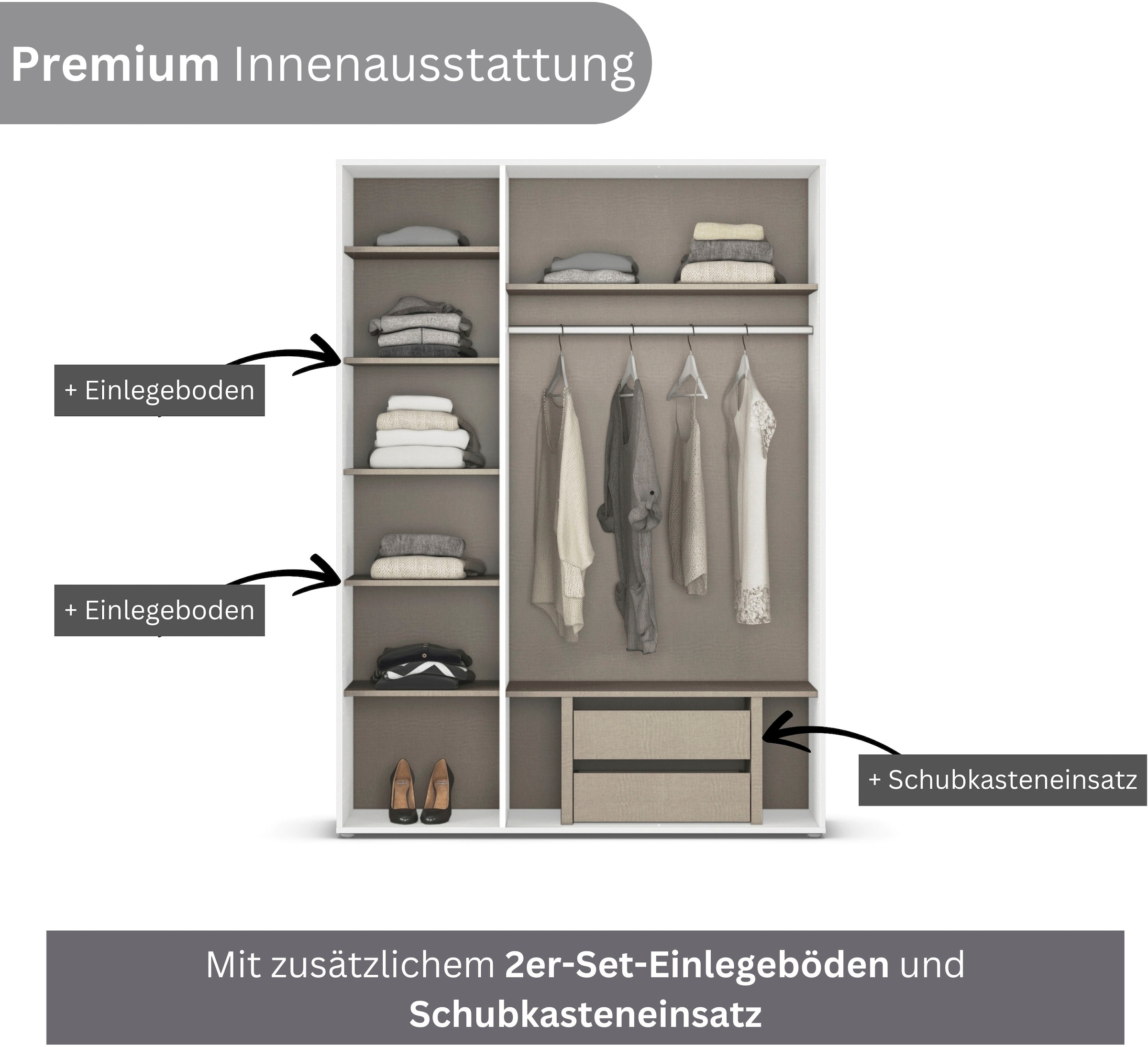 rauch Drehtürenschrank »Kleiderschrank Schrank Garderobe Wäscheschrank NAGATA viel Stauraum«, (in 3 verschiedenen Ausstattungen BASIC/CLASSIC/PREMIUM), mit modernen Stangengriffen in Graumetallic TOPSELLER MADE IN GERMANY