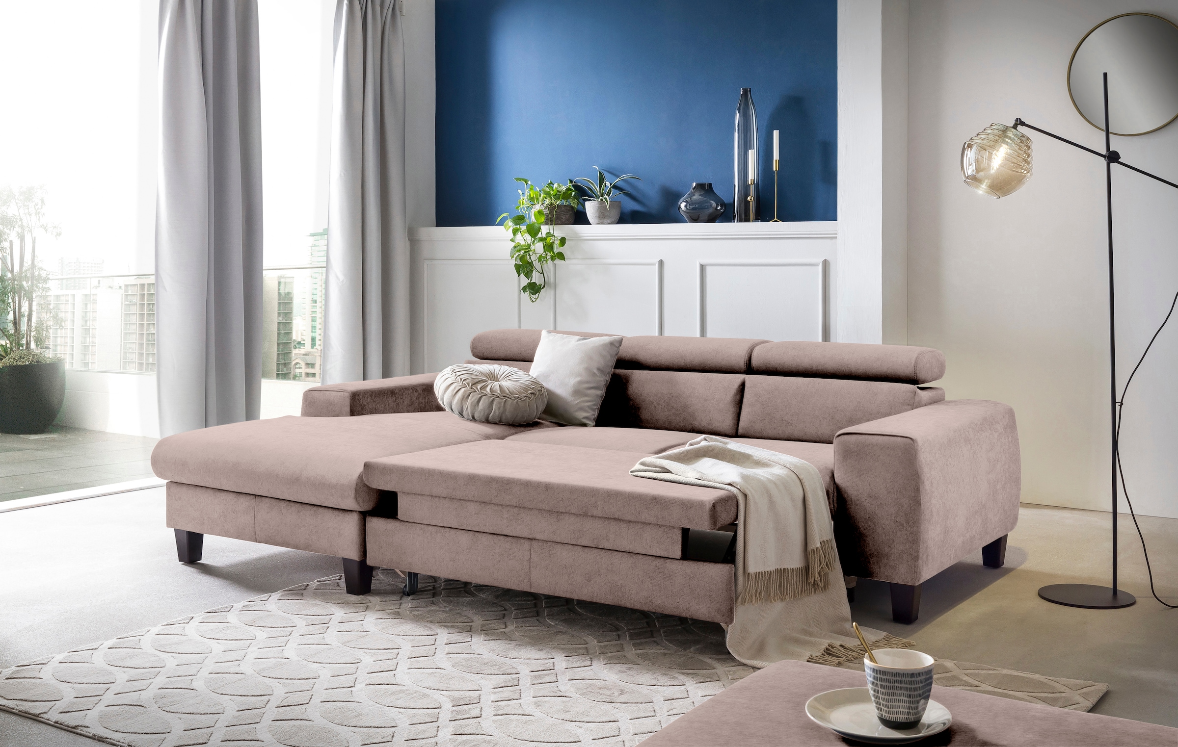 COTTA Ecksofa »Morven L-Form mit Kopfteilverstellung«, wahlweise mit Bettfunktion, Bettkasten & Wireless-Charger