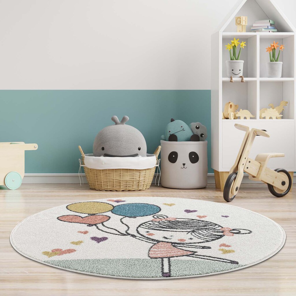 Carpet City Kinderteppich »Anime9393«, rund, Spielteppich, Mädchen, Herzen, Ballon, Weicher Flor, Pflegeleicht