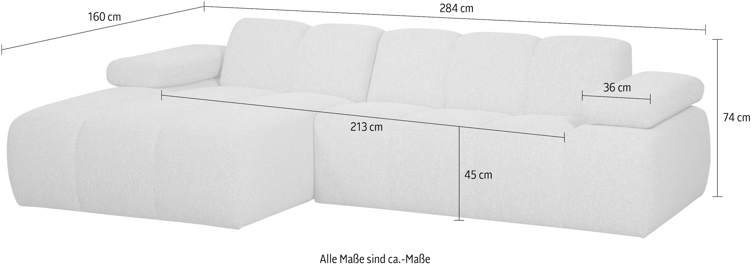 WOOOD Chaiselongue »Mojo Bouclé-Bezug mit verstellbarer Armlehne, H 74 x B 284 x T 160 cm« Tragkraft 360 kg, Maximale Verschleißfestigkeit, Pfleiglicht